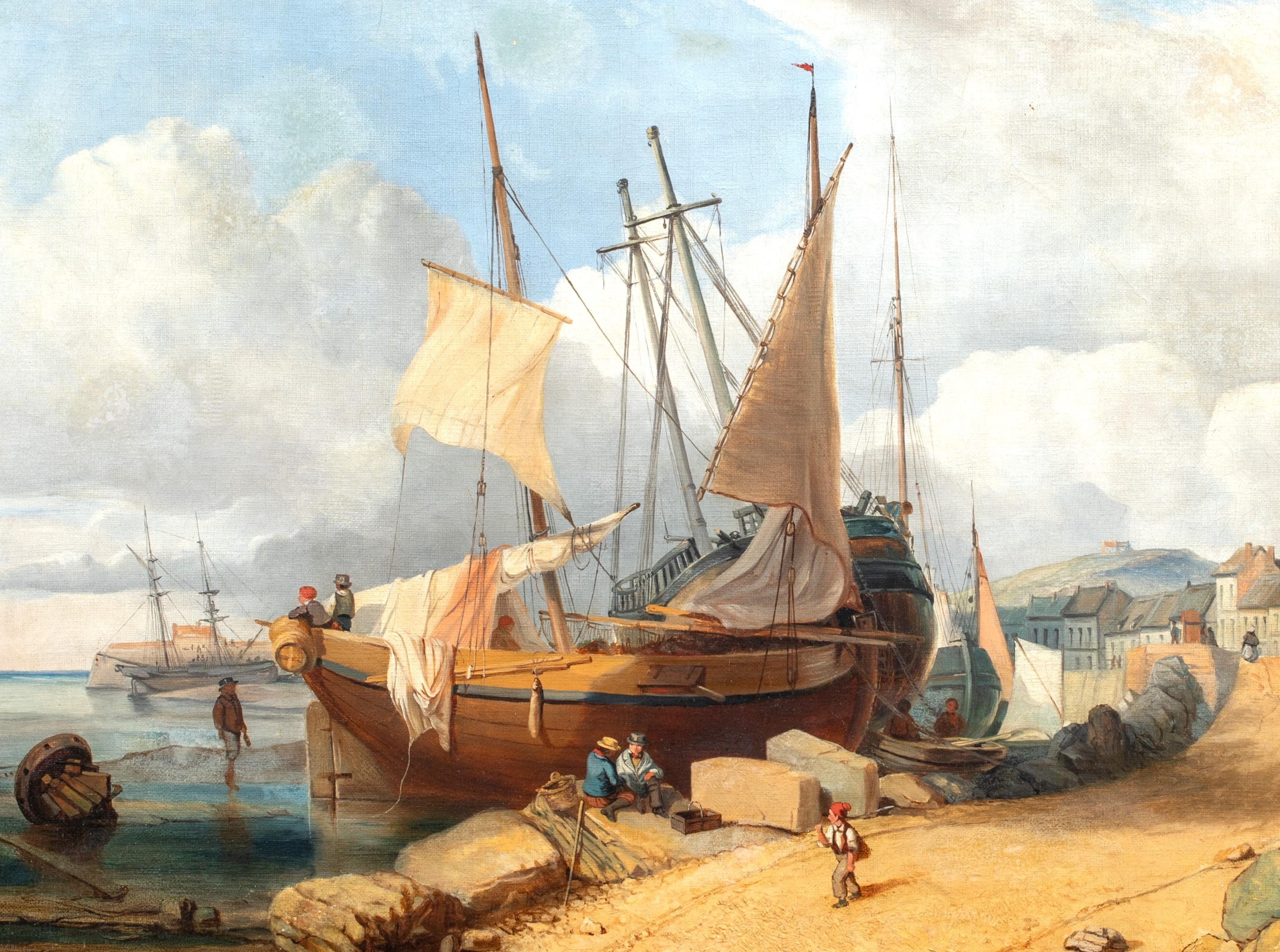 Ships & Fisherfolk, Normandy. 19th Century - Beige Landscape Painting by Dommersen, Pieter Cornelis