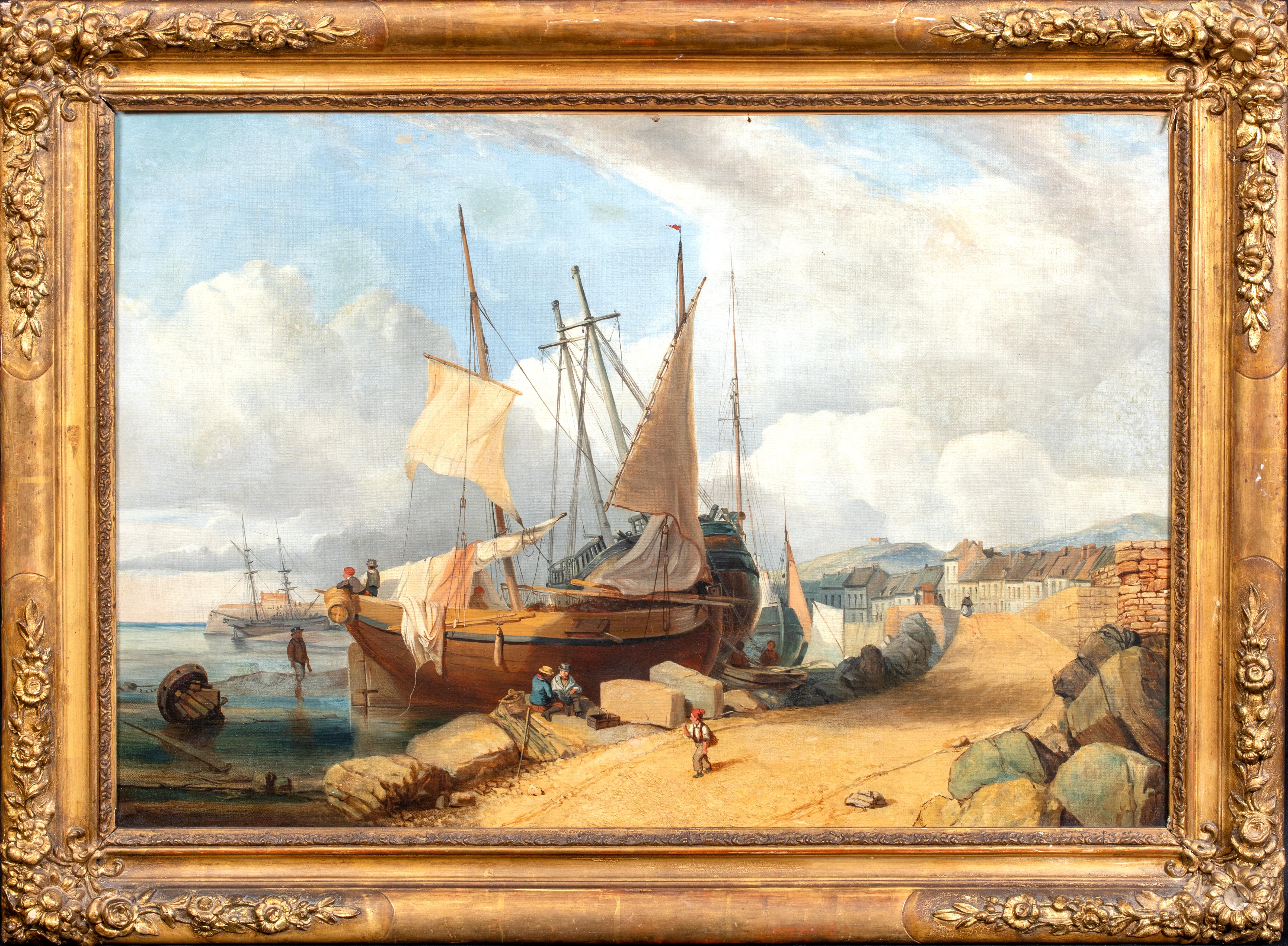 Dommersen, Pieter Cornelis Landscape Painting - Ships & Fisherfolk, Normandy. 19th Century