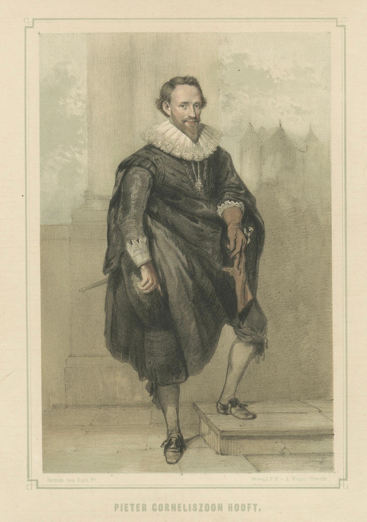 Pieter Corneliszoon Hooft - Niederländischer Dichter des Goldenen Zeitalters, Lithographie aus dem 19. (Papier) im Angebot