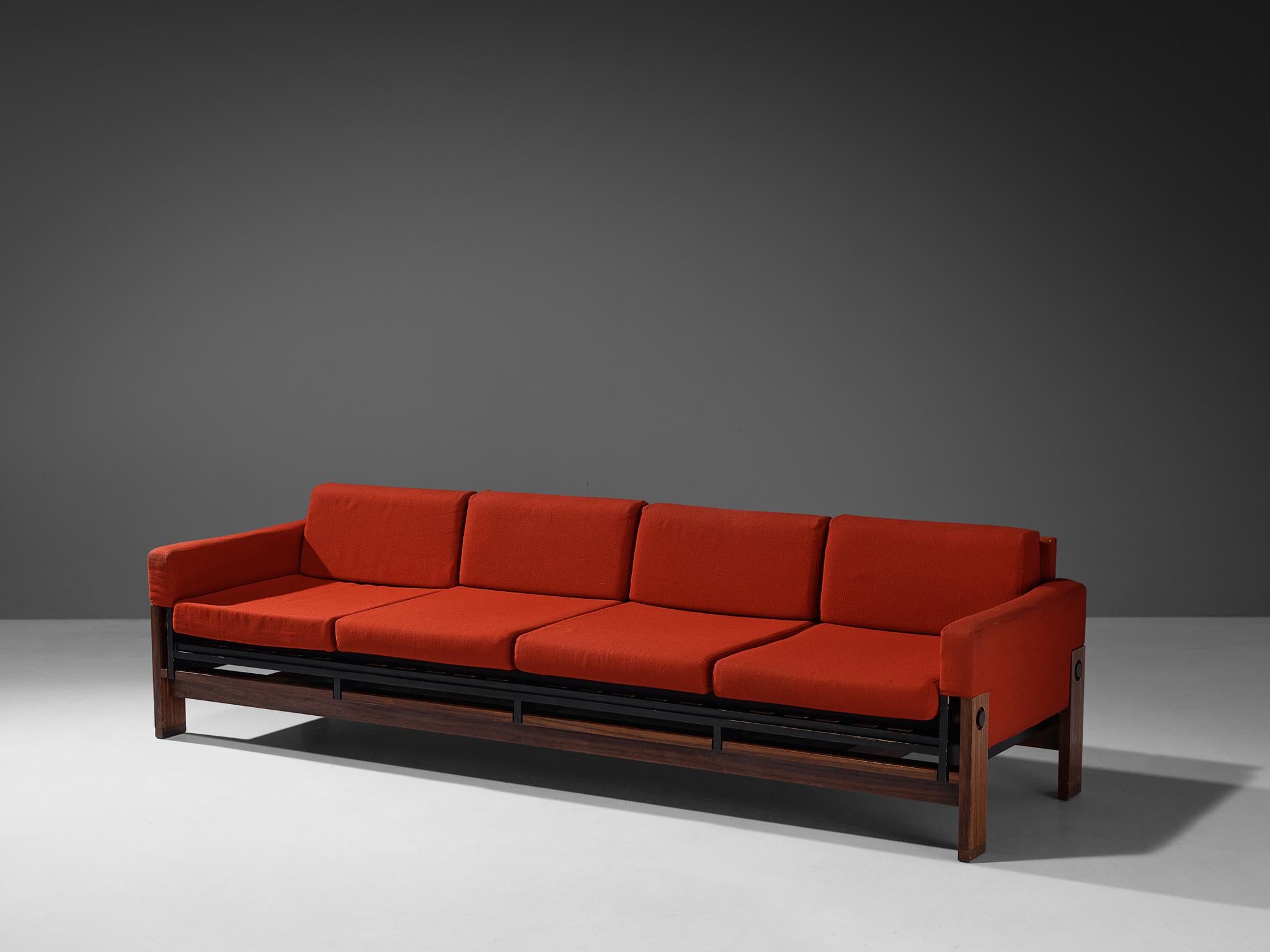Pieter de Bruyne four seat sofa, padouk, wool, Belgium, 1960s

Spacious and powerful sofa designed by Belgian designer Pieter de Bruyne. This sofa is made mainly in padouk, the preferred wood type of de Bruyn for his designs, and black lacquered
