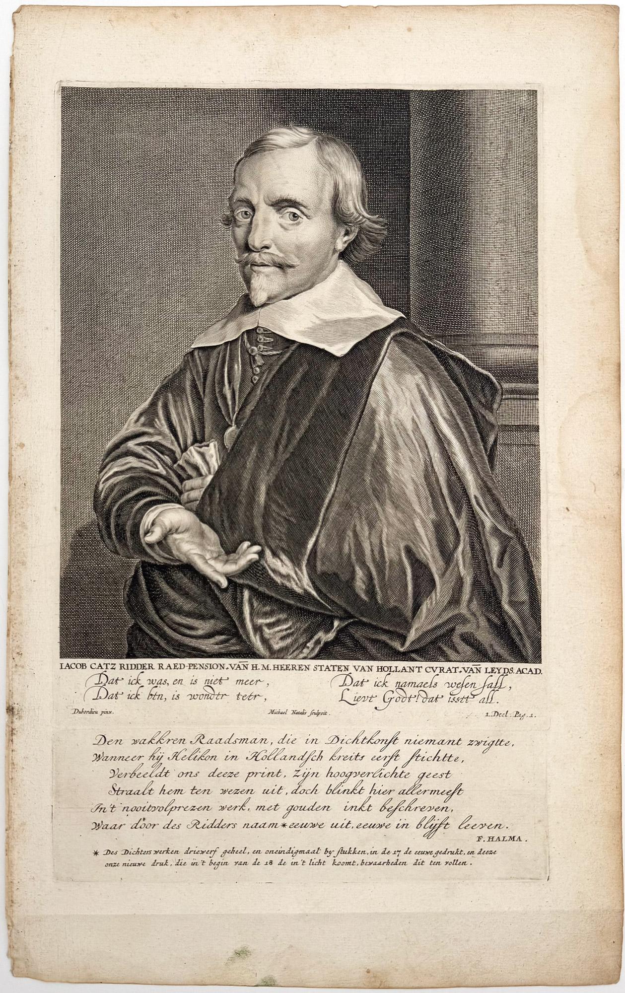 Portrait Print di Pieter Dubordieu - Ritratto di Jacob Cats, poeta - incisione di Michiel Nöel Natalis