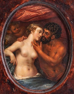 Mars and Venus in Embrace under the Watchful Eye of Amor, Oil on Copper, Framed