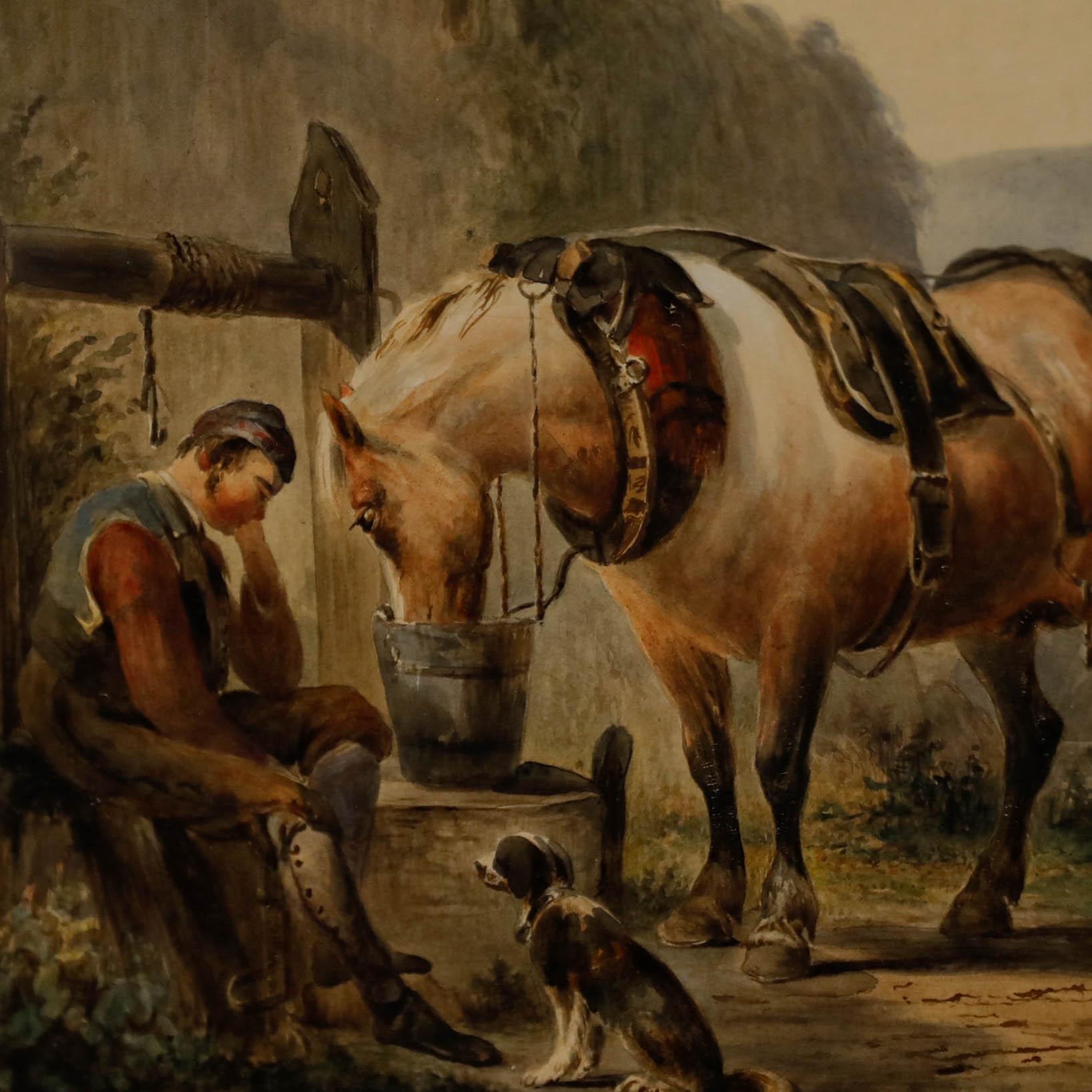 Dieses stimmungsvolle Gemälde zeigt eine ruhige ländliche Szene mit einer Figur, die ein Zugpferd auf einem staubigen Weg inmitten hoch aufragender Felsen hütet. Die Komposition schafft ein Gleichgewicht zwischen der intimen Interaktion im