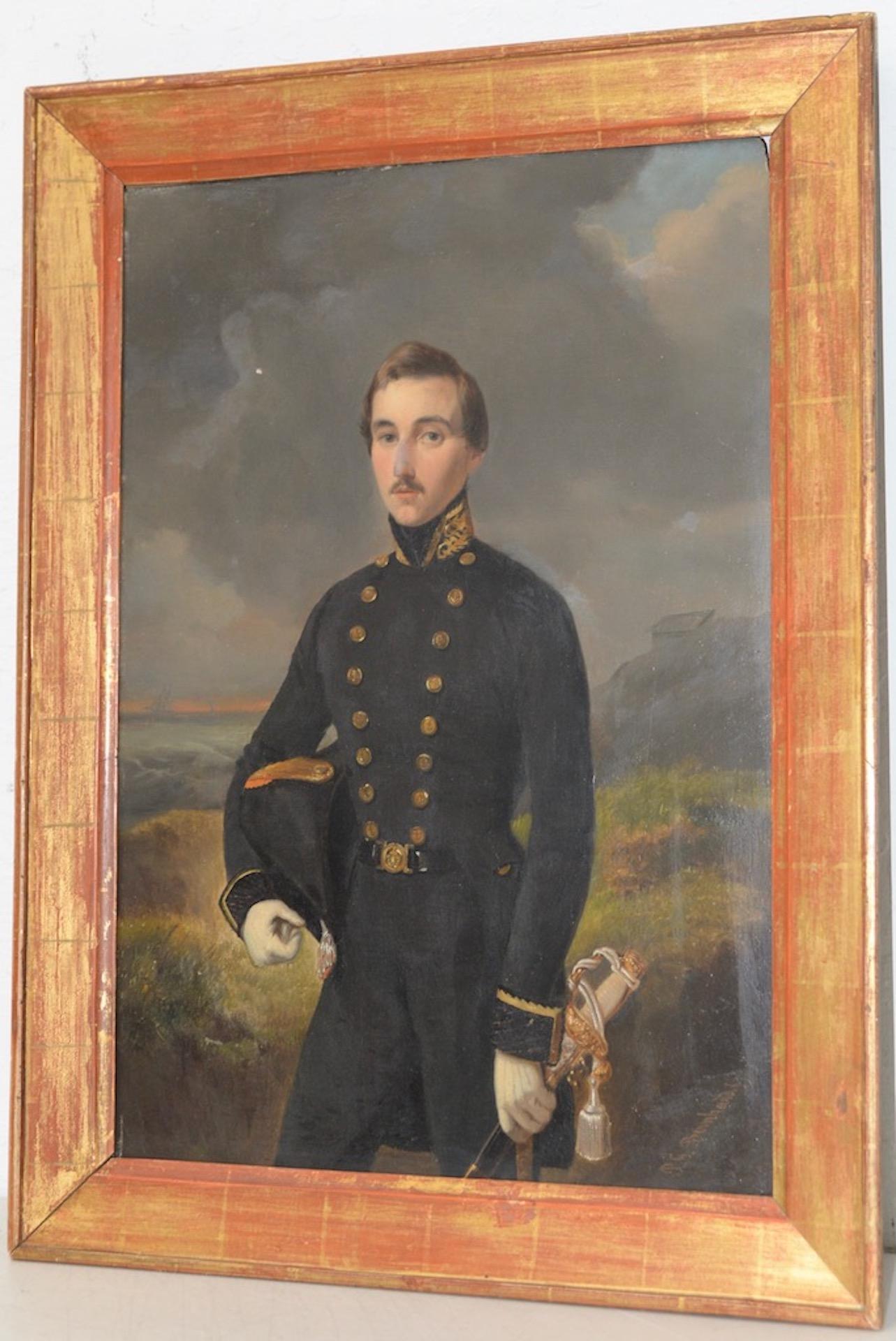 Pieter Gerardus Bernhard, Dutch, 1813-1880

Pieter Gerardus Bernhard Portrait of Military Officer in a Seaside Landscape, circa 1850s

The officer stands tall and proud against a backdrop of stormy gray clouds and the ocean as a