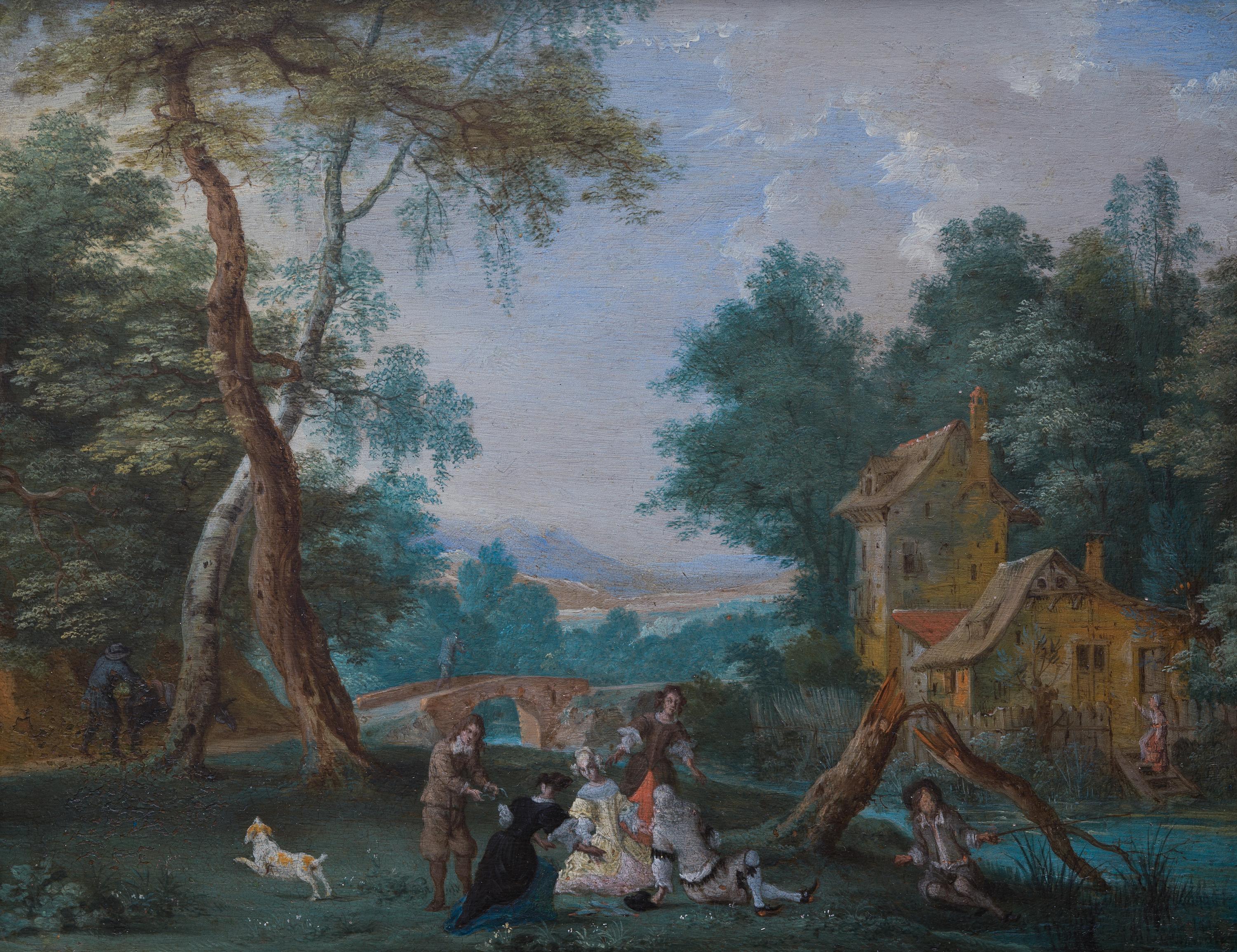 A Wooded Landscape With Riders, Pieter Gysels zugeschrieben, Öl auf Kupfer – Painting von PIETER GYSELS