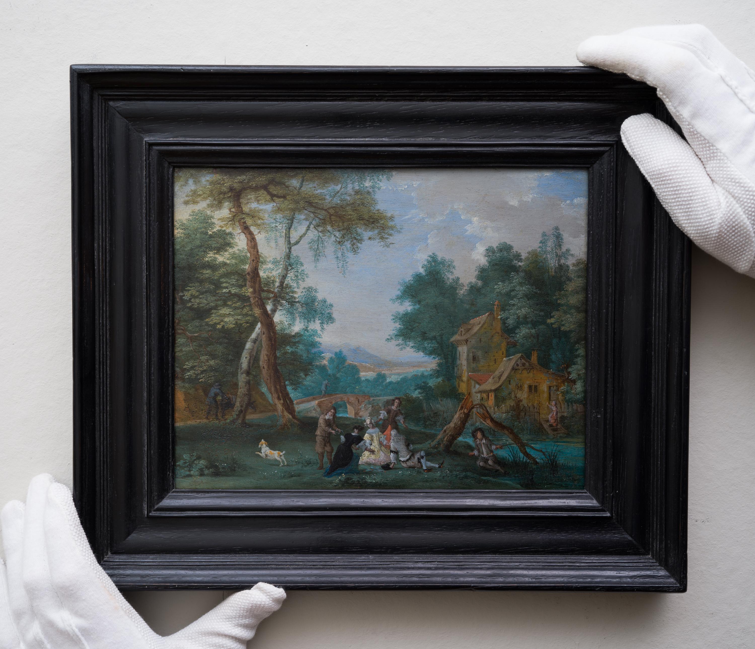 A Wooded Landscape With Riders, Pieter Gysels zugeschrieben, Öl auf Kupfer (Alte Meister), Painting, von PIETER GYSELS