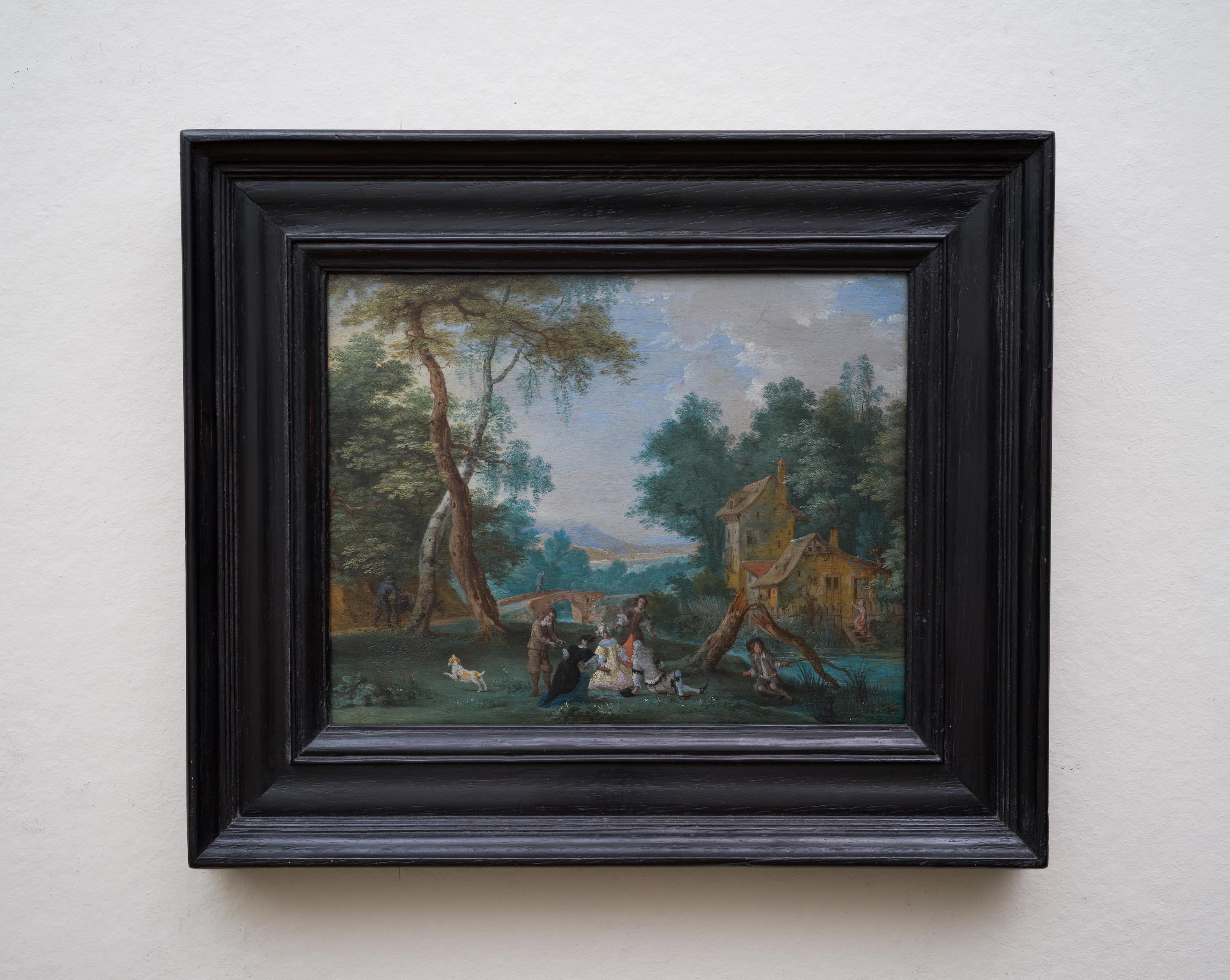 A Wooded Landscape With Riders, Pieter Gysels zugeschrieben, Öl auf Kupfer im Angebot 4