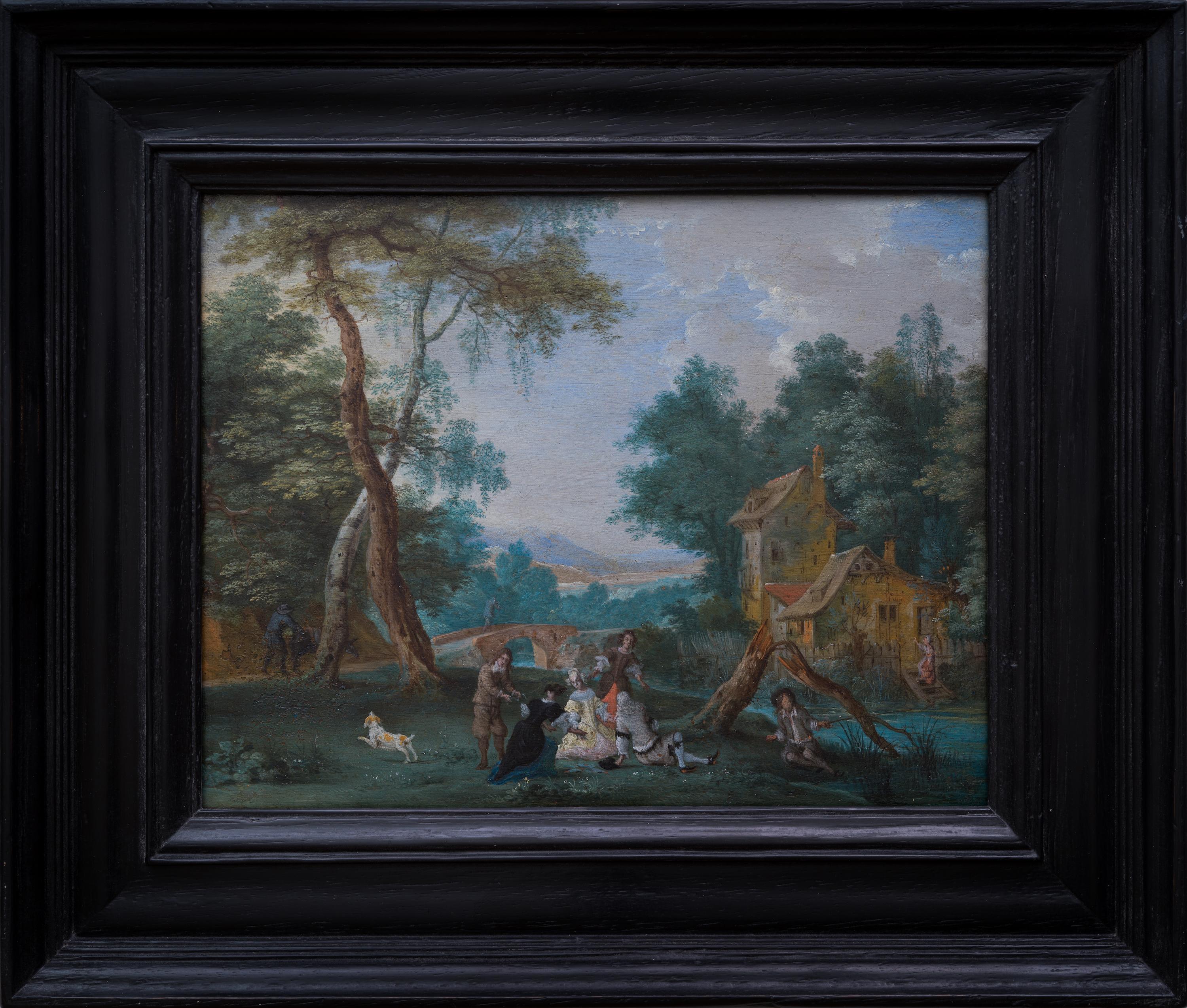 PIETER GYSELS Landscape Painting – A Wooded Landscape With Riders, Pieter Gysels zugeschrieben, Öl auf Kupfer