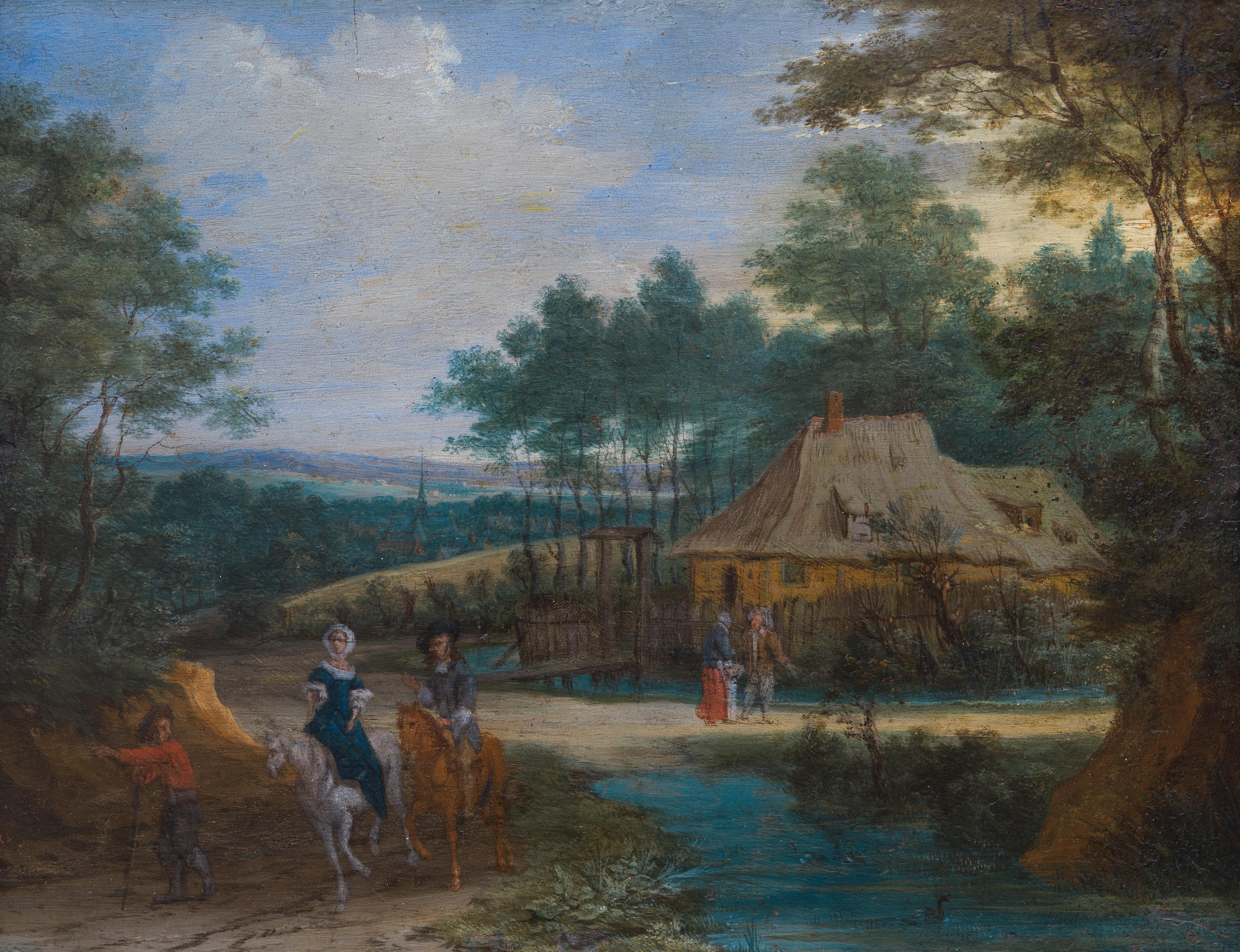 A Wooded Landscape With Riders, Attributed to Pieter Gysels (Peeter Gijsels) - Painting by PIETER GYSELS