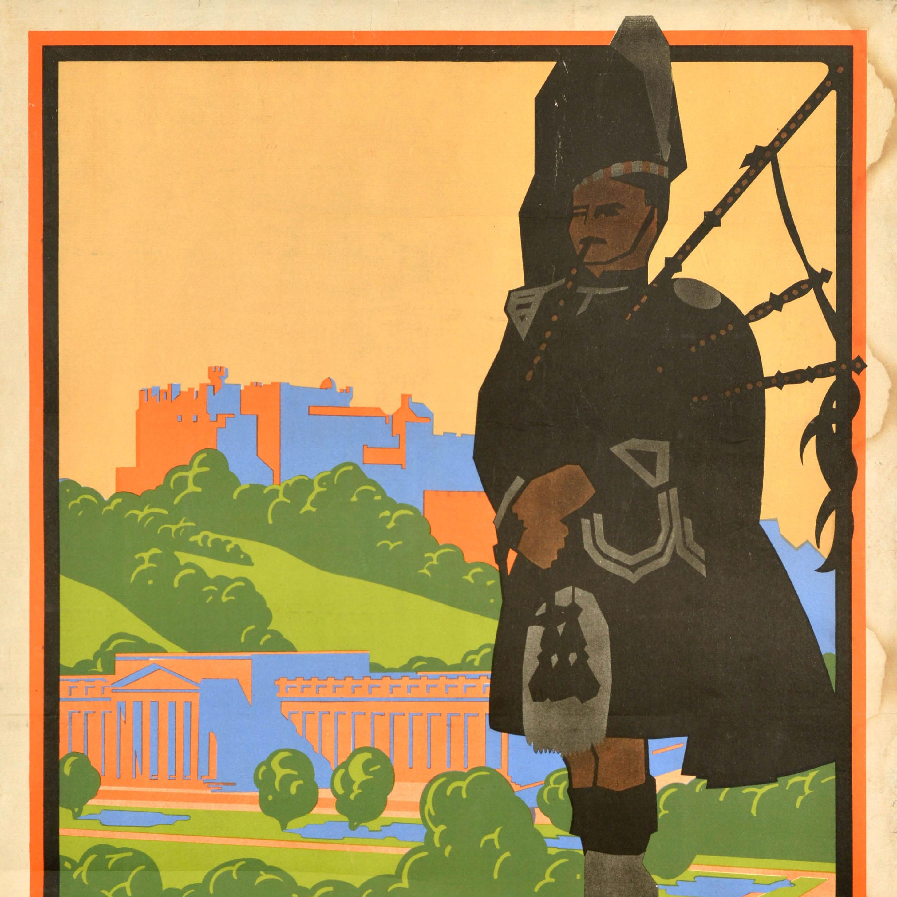 Original vintage LMS travel poster for Edinburgh featuring a great illustration of a piper of the Black Watch Royal Regiment of Scotland in military tartan uniform playing the bagpipes with a colourful view of trees and the city leading to Edinburgh