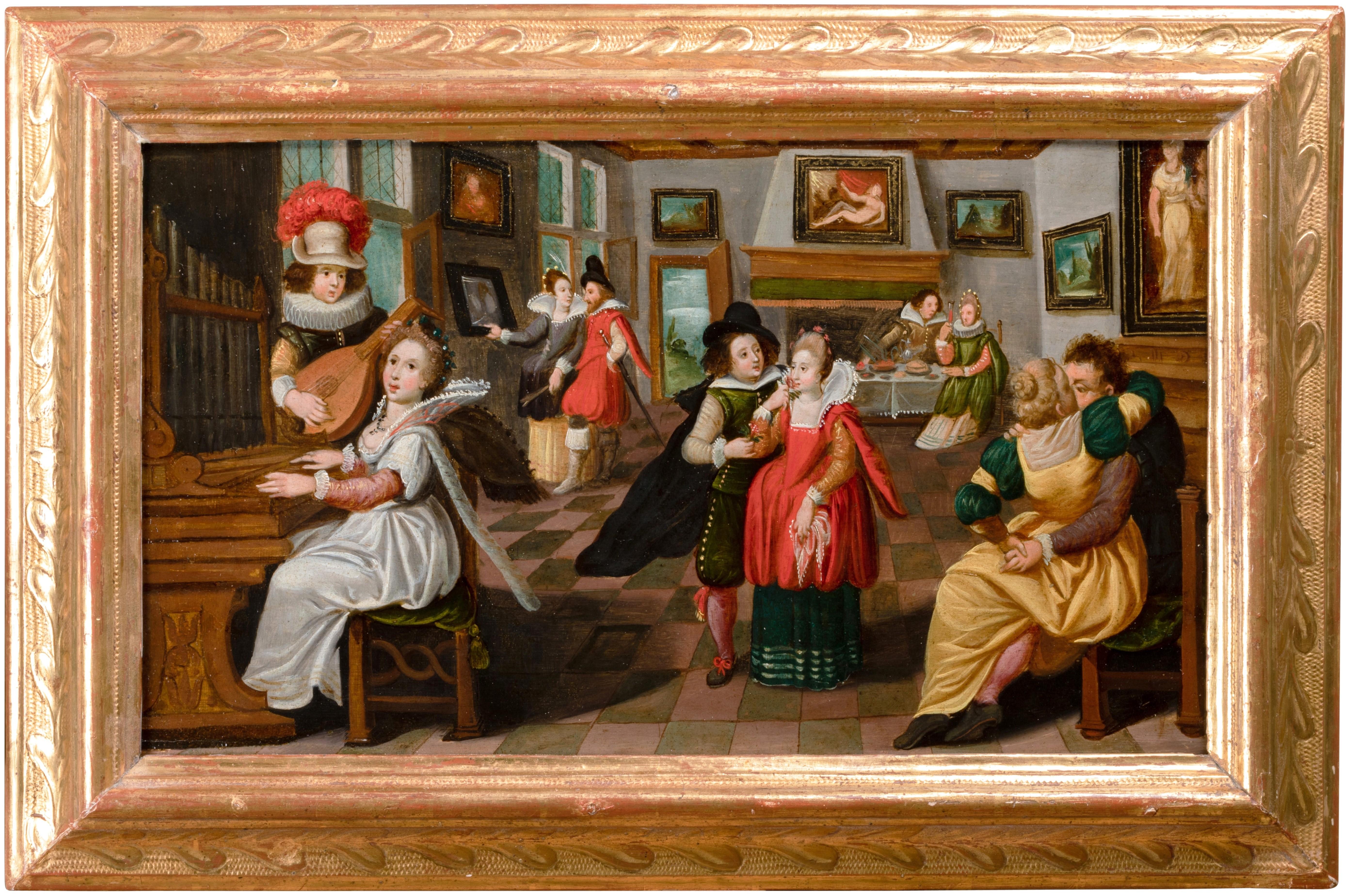 Pieter Lisaert IV Interior Painting – 17. Jahrhundert. Flämische Schule – Allegorie der fünf Sinne – P. Lisaert zugeschrieben 