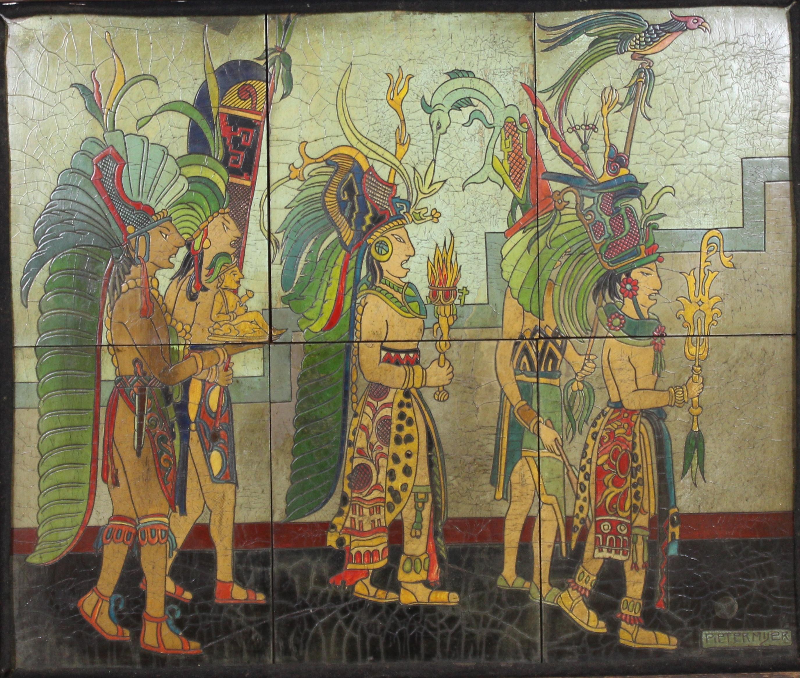 Mexican Art Deco period depiction of a Mayan procession, created in lacquered and carved wooden panels, assembled and framed in original wooden frame. The piece was made by Pieter Mijer and is signed in the lower right corner. The piece depicts a