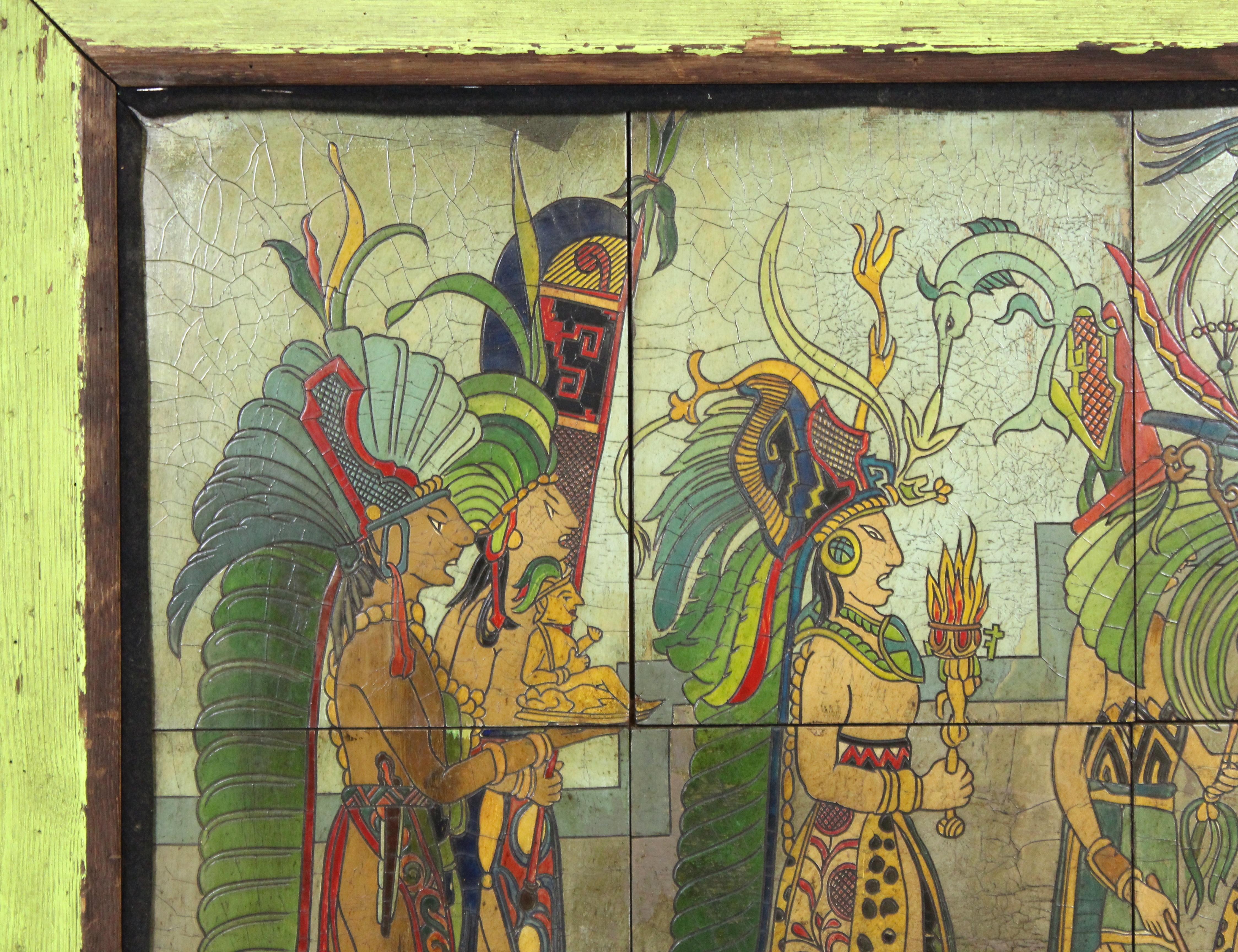 Mexican Pieter Mijer Art Deco Mayan Procession on Lacquered Carved Wood Panels