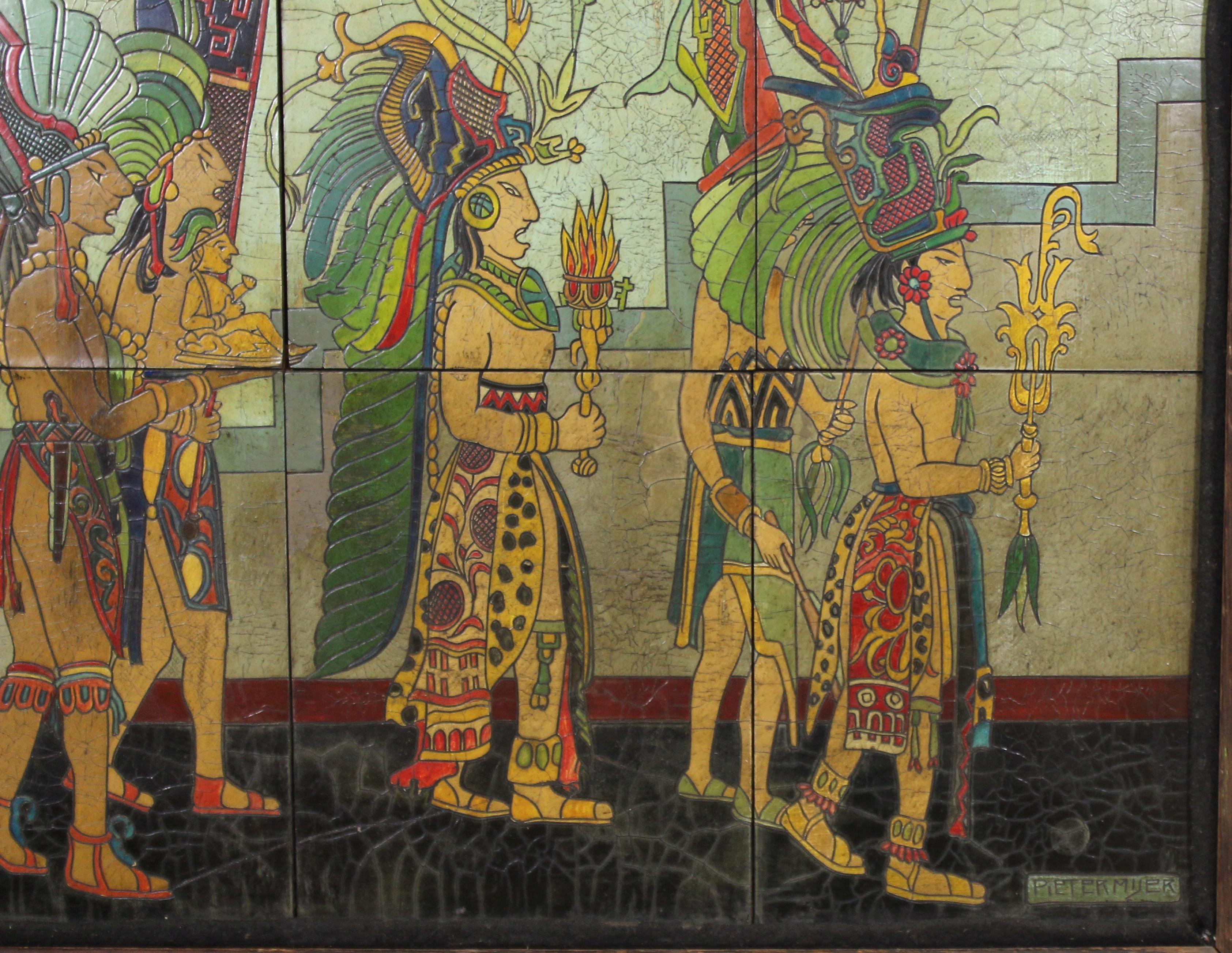 Pieter Mijer Art Deco Mayan Procession on Lacquered Carved Wood Panels 1