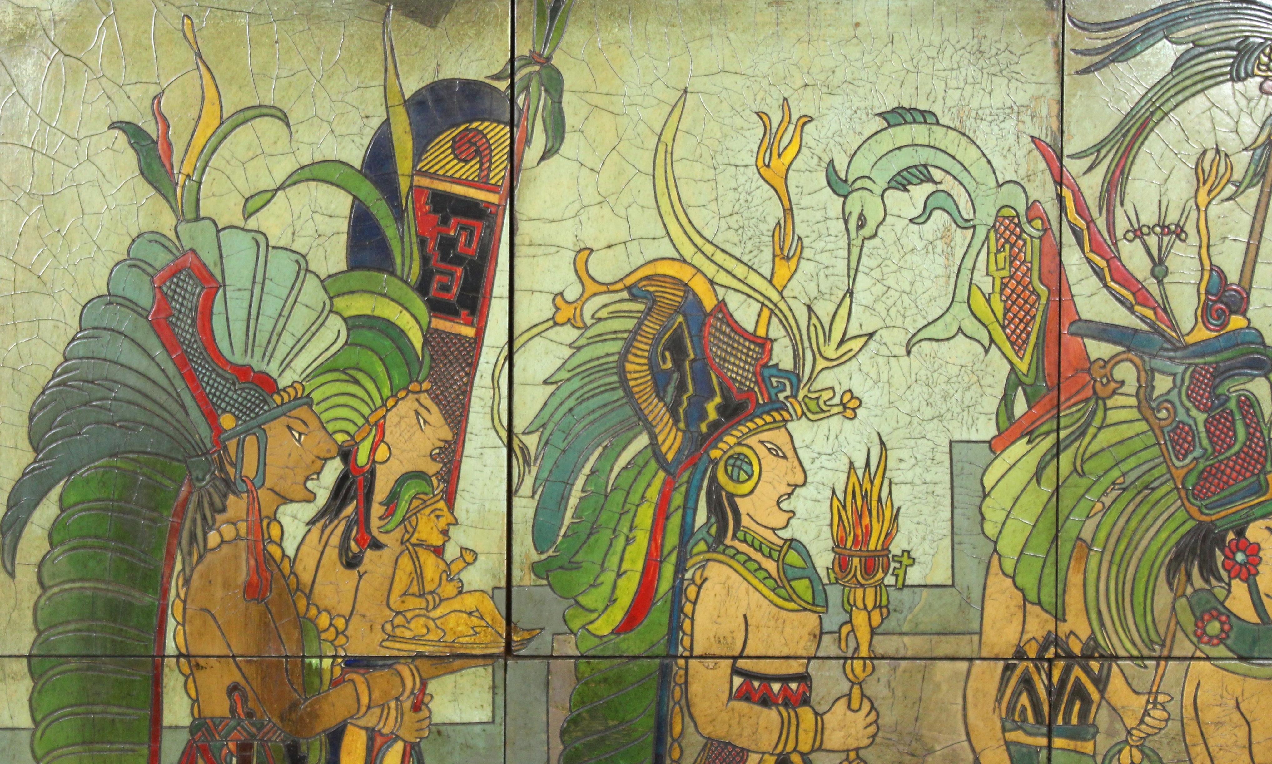 Pieter Mijer Art Deco Mayan Procession on Lacquered Carved Wood Panels 3