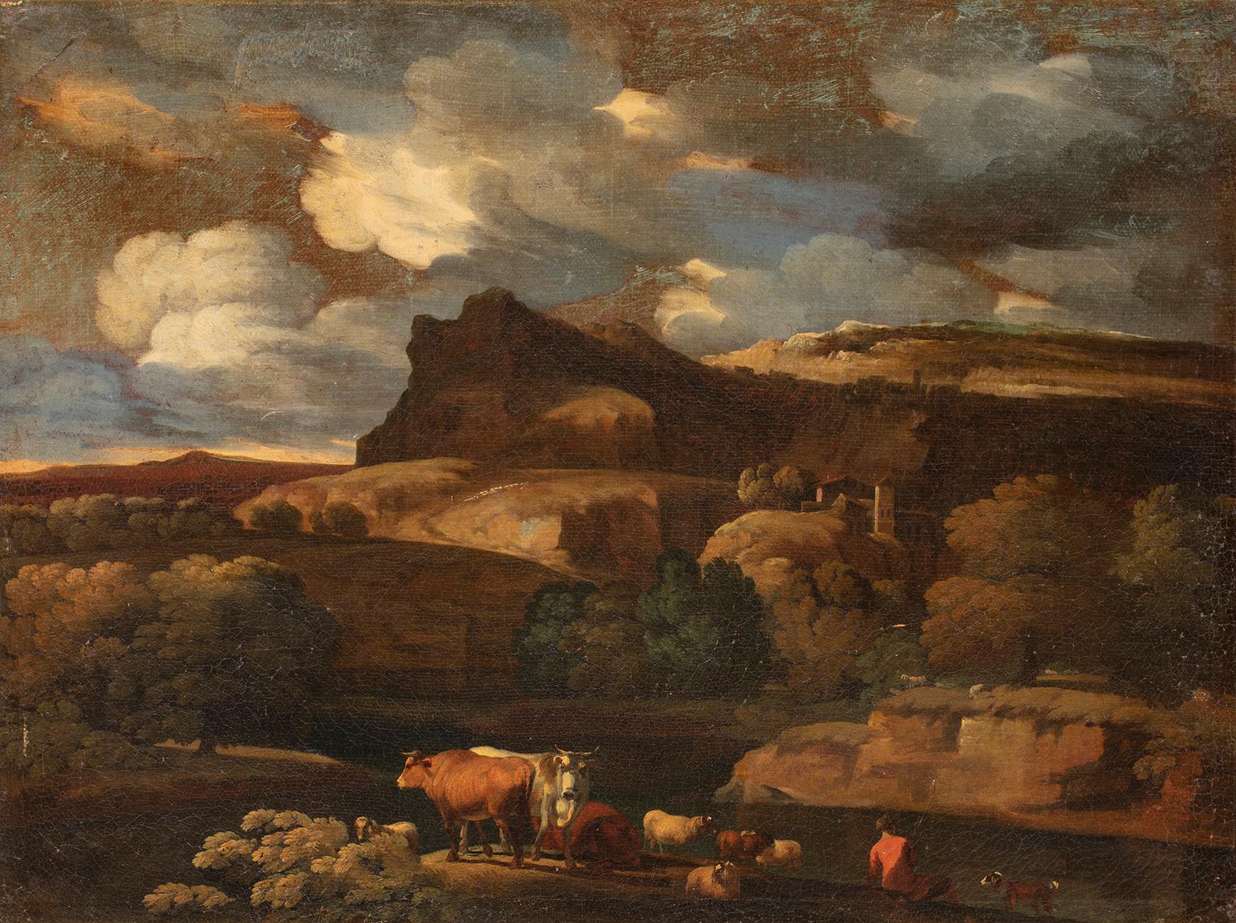 Landschaft aus dem 17. Jahrhundert von Pieter Mulier, Öl auf Leinwand – Painting von Pieter Mulier known as the Cavalier Tempesta (Haarlem 1637 - Milan 1701)