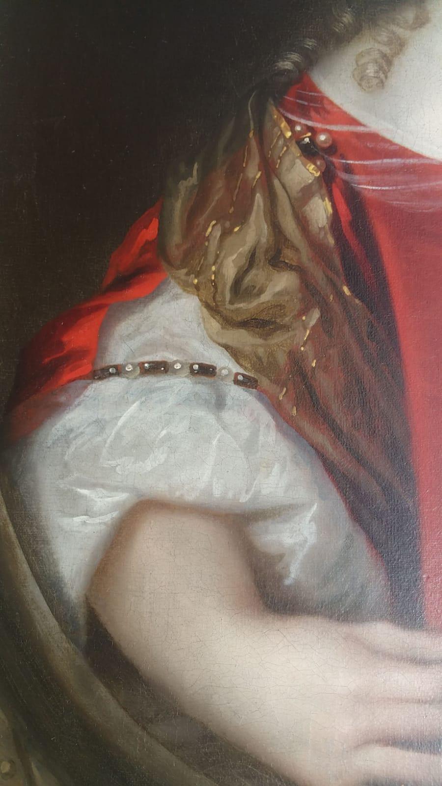 Portrait hollandais du 17e siècle d'une dame en rouge ornée de perles - Maîtres anciens Painting par Pieter Nason 