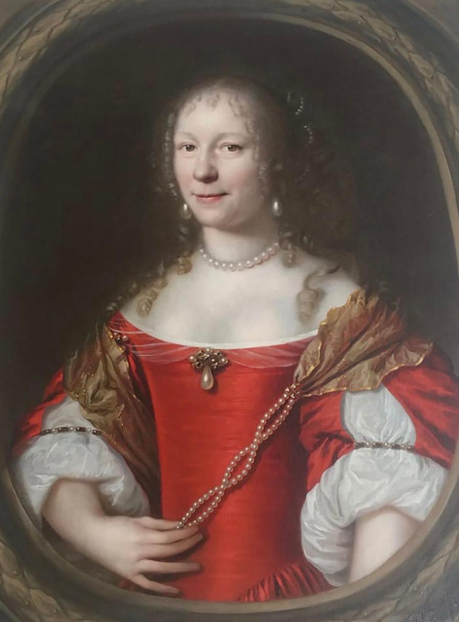 17th century Dutch portrait of a Lady in Red adorned with Pearls - Painting by Pieter Nason 