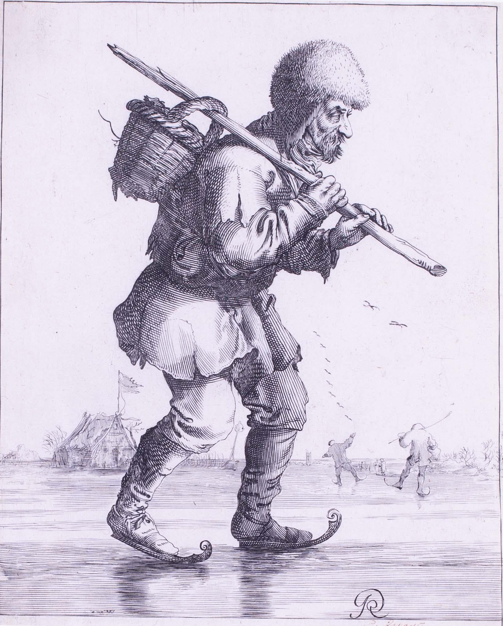 Gravure hollandaise du 17e siècle de Pieter Nolpe représentant un homme en patins portant un bâton. en vente 1
