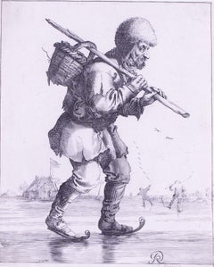 Niederländische Gravur von Pieter Nolpe von einem Mann auf Skates, der einen Baske trägt, aus dem 17. Jahrhundert