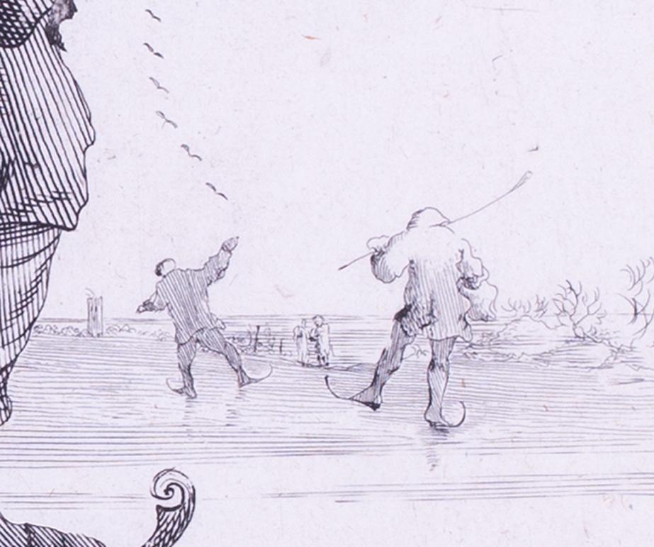 Gravure hollandaise du 17e siècle de Pieter Nolpe représentant un homme en patins portant un bâton. en vente 2