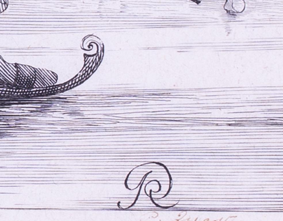 17th Century Dutch engraving by Pieter Nolpe of a man on skates carrying a baske For Sale 3