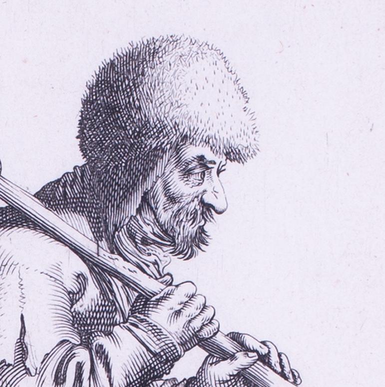 Gravure hollandaise du 17e siècle de Pieter Nolpe représentant un homme en patins portant un bâton. en vente 4