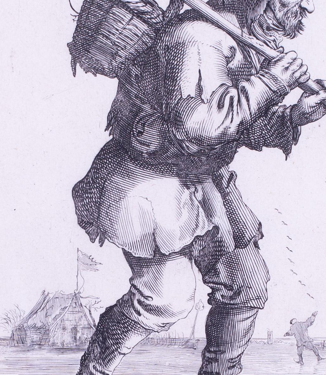 17th Century Dutch engraving by Pieter Nolpe of a man on skates carrying a baske For Sale 5