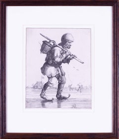 Antique 17th Century Dutch engraving by Pieter Nolpe of a man on skates carrying a baske