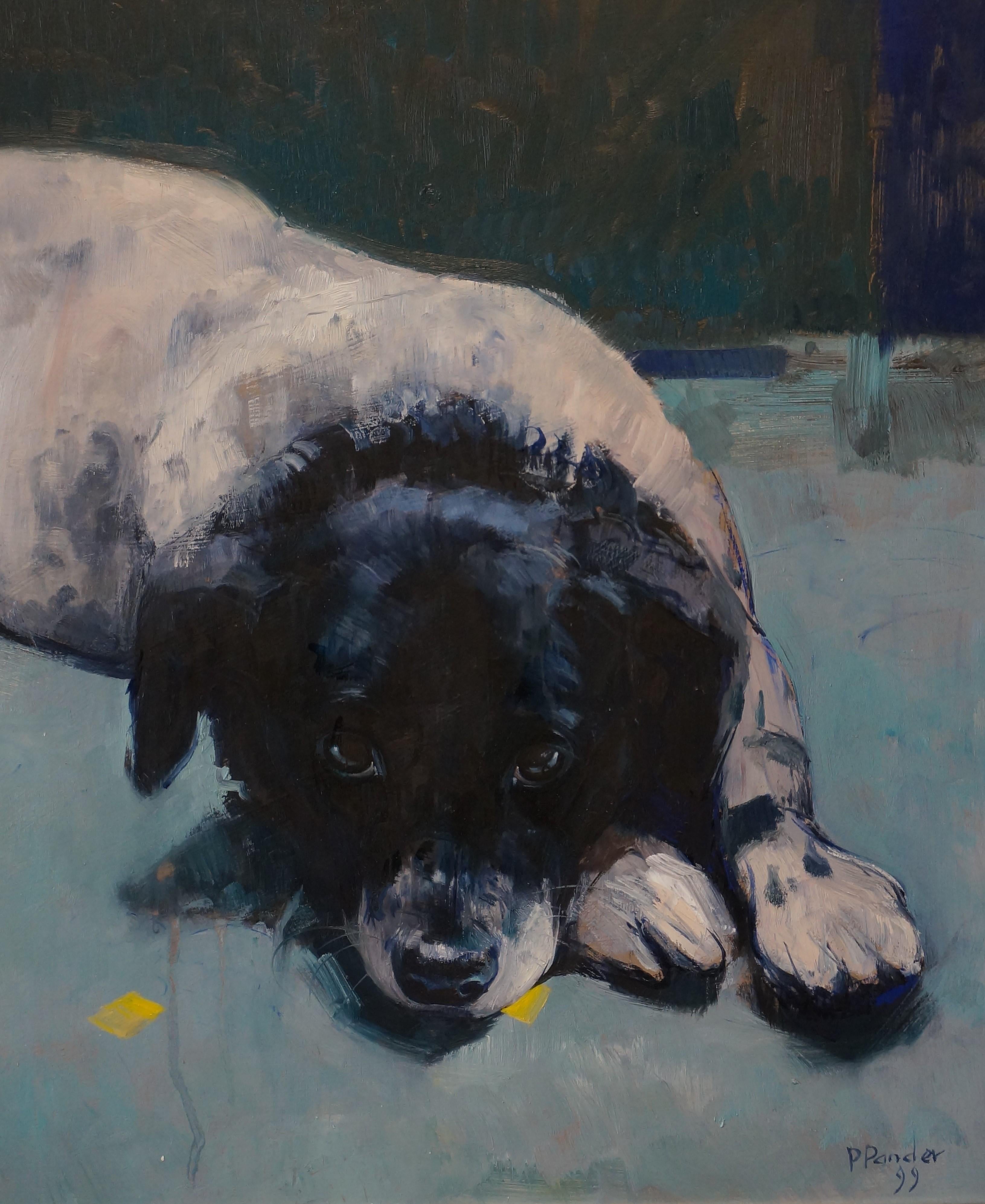dog lying on bed painting