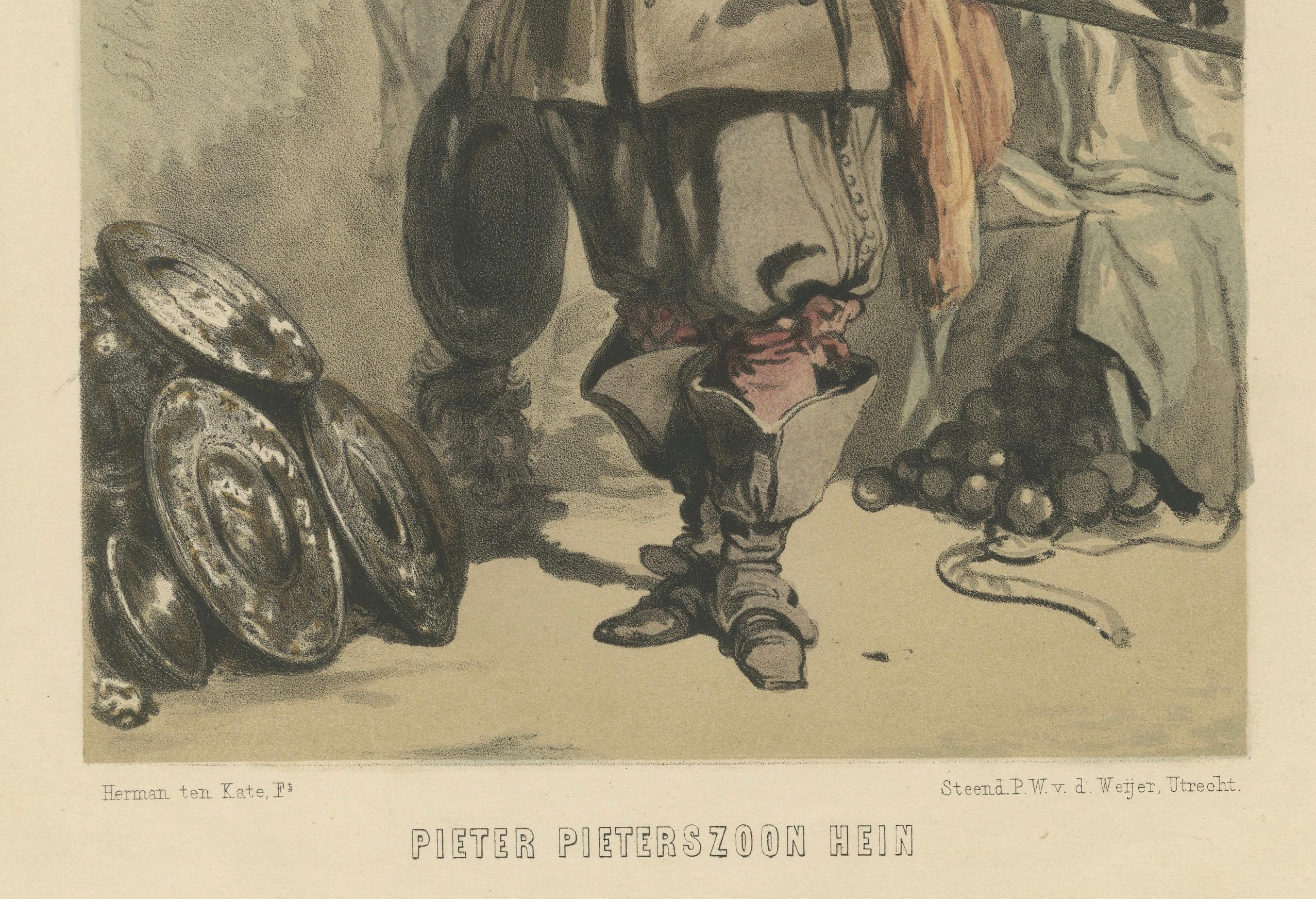 Pieter Pieterszoon Hein - Niederländischer Marineheld, handkolorierte Lithographie aus dem 19.

Beschreibung des Artikels:  
Diese detailreiche handkolorierte Lithographie aus dem 19. Jahrhundert zeigt Pieter Pieterszoon Hein, eine der legendärsten