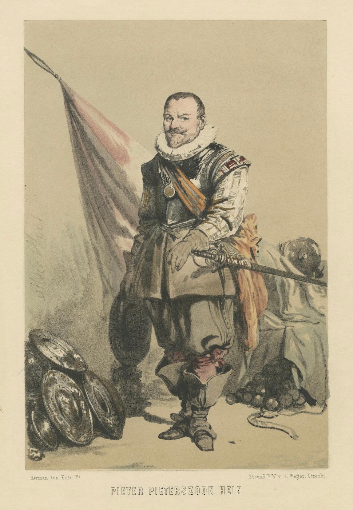 Pieter Pieterszoon Hein - Niederländischer Marineheld, handkolorierte Lithographie aus dem 19. (Papier) im Angebot