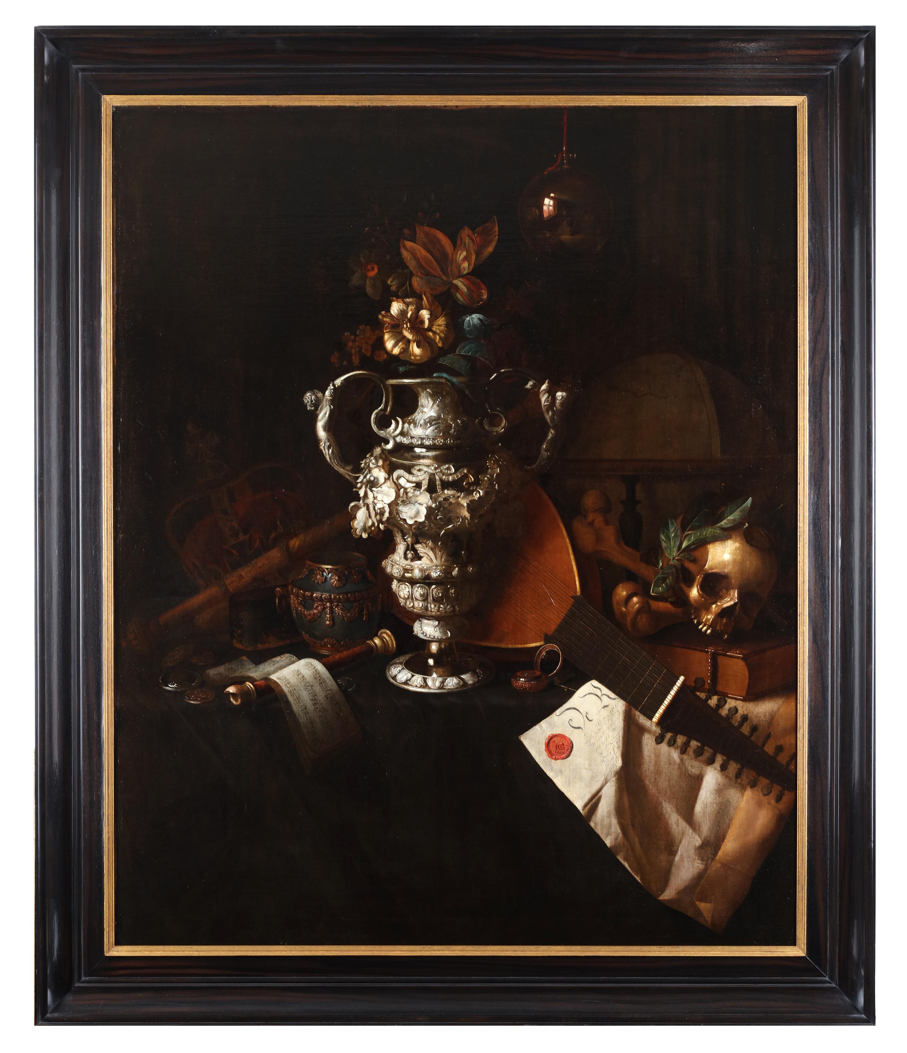 A vanitas still life with an elaborate silver vase - Pieter Roestraeten  1