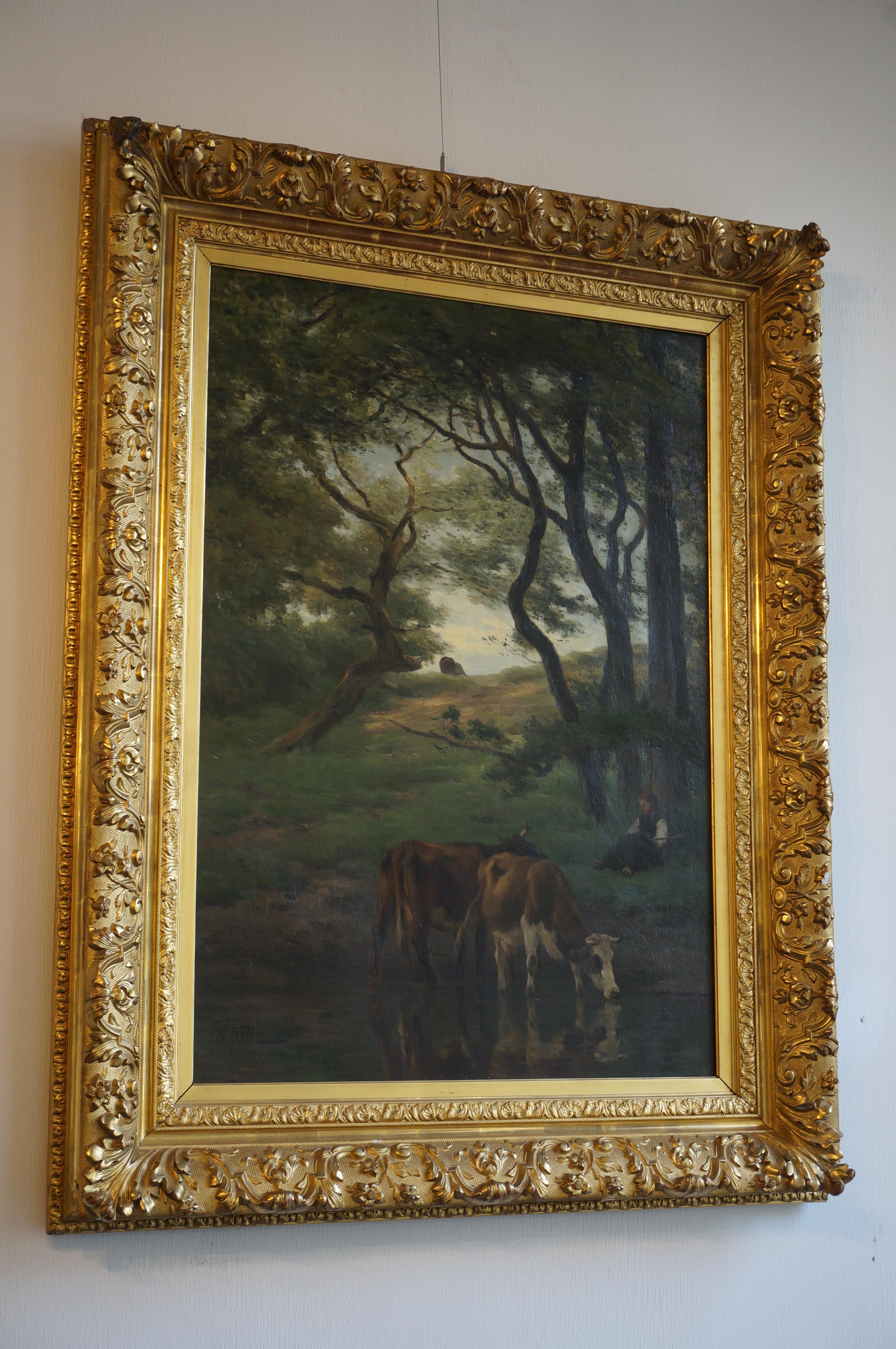 Cows in landscape - Black Landscape Painting by Pieter Stortenbeker