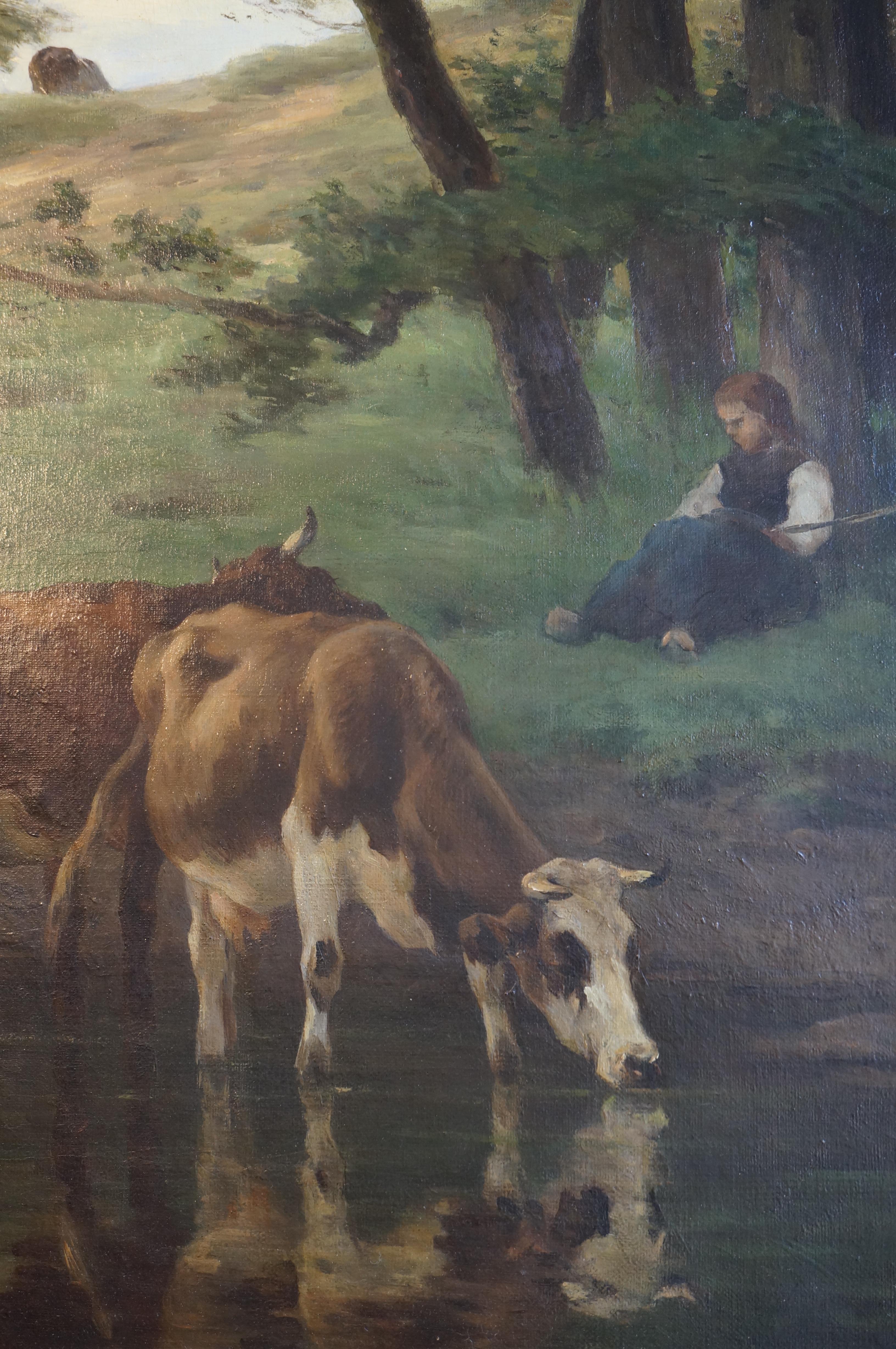 Pieter Stortenbeker (1828 – 1898)
Cows in landscape
Signed bottom left P. Stortenbeker
Oil on canvas
Dimensions: 95 x 67 cm.
In original gilt frame (one repair, little damage)

Pieter Stortenbeker (The Hague, 21 April 1828 - The Hague, 17 April