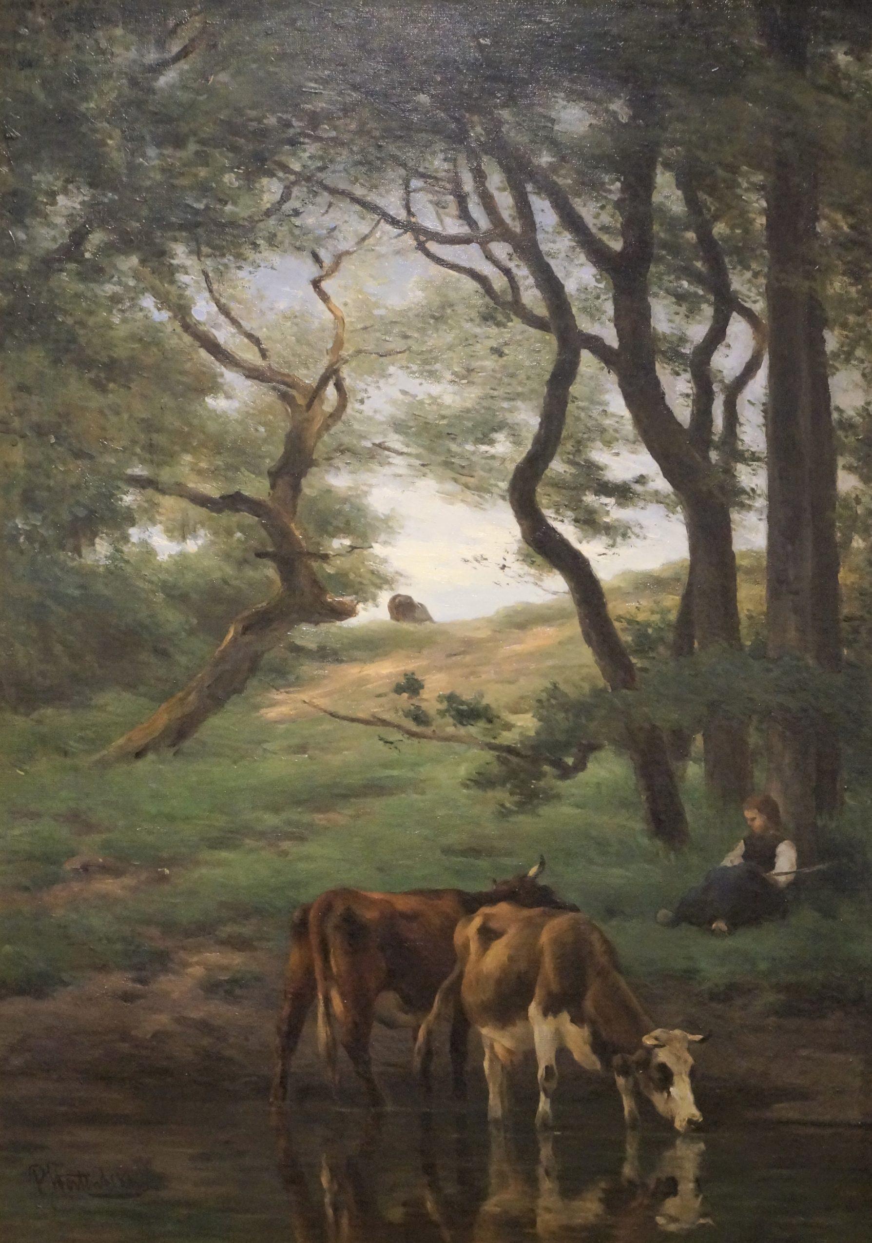 Pieter Stortenbeker Landscape Painting - Cows in landscape