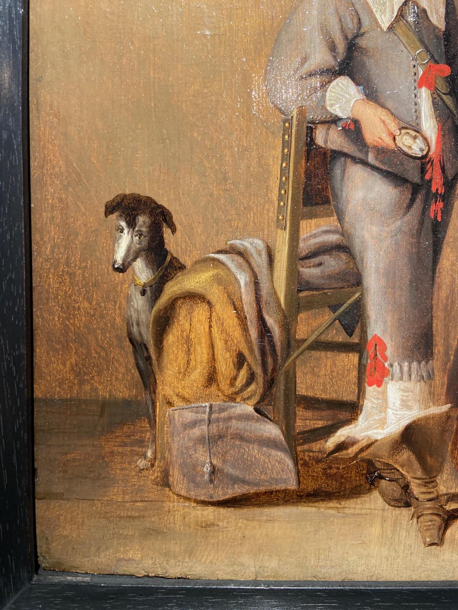 Pieter Symonsz Potter
Pays-Bas 1600 - 1652
Soldat à l'intérieur 
Huile sur panneau de chêne, sceau rouge au verso 
Taille de l'image : 15 x 10 3/4 pouces 
Cadre ébonisé hollandais


Dans une pièce bien éclairée, un homme se tient avec son fidèle