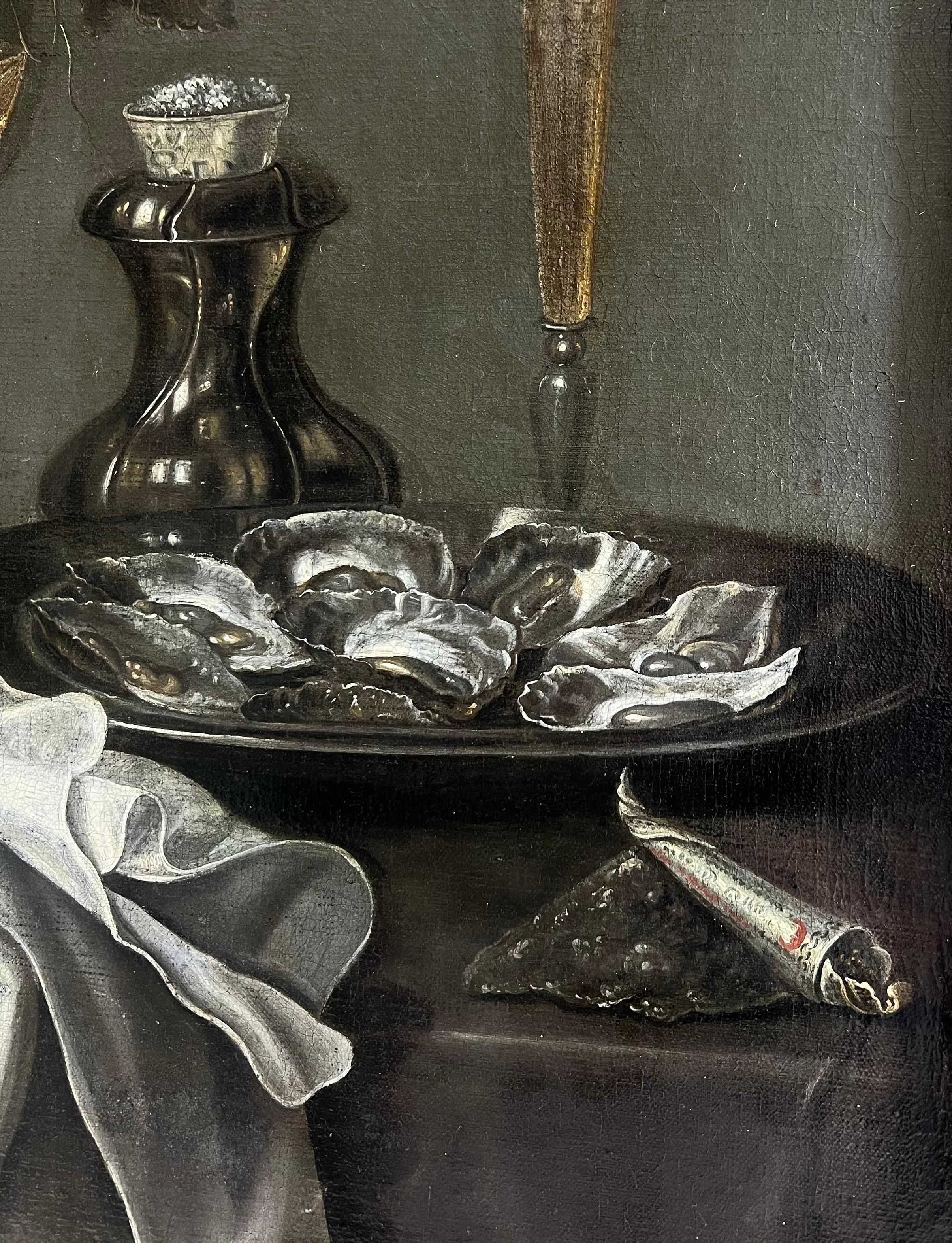 Bodegón holandés del siglo XVII Una mesa opulenta con un roemer, ostras y vino - Interior Painting Marrón de Pieter Van Berendrecht