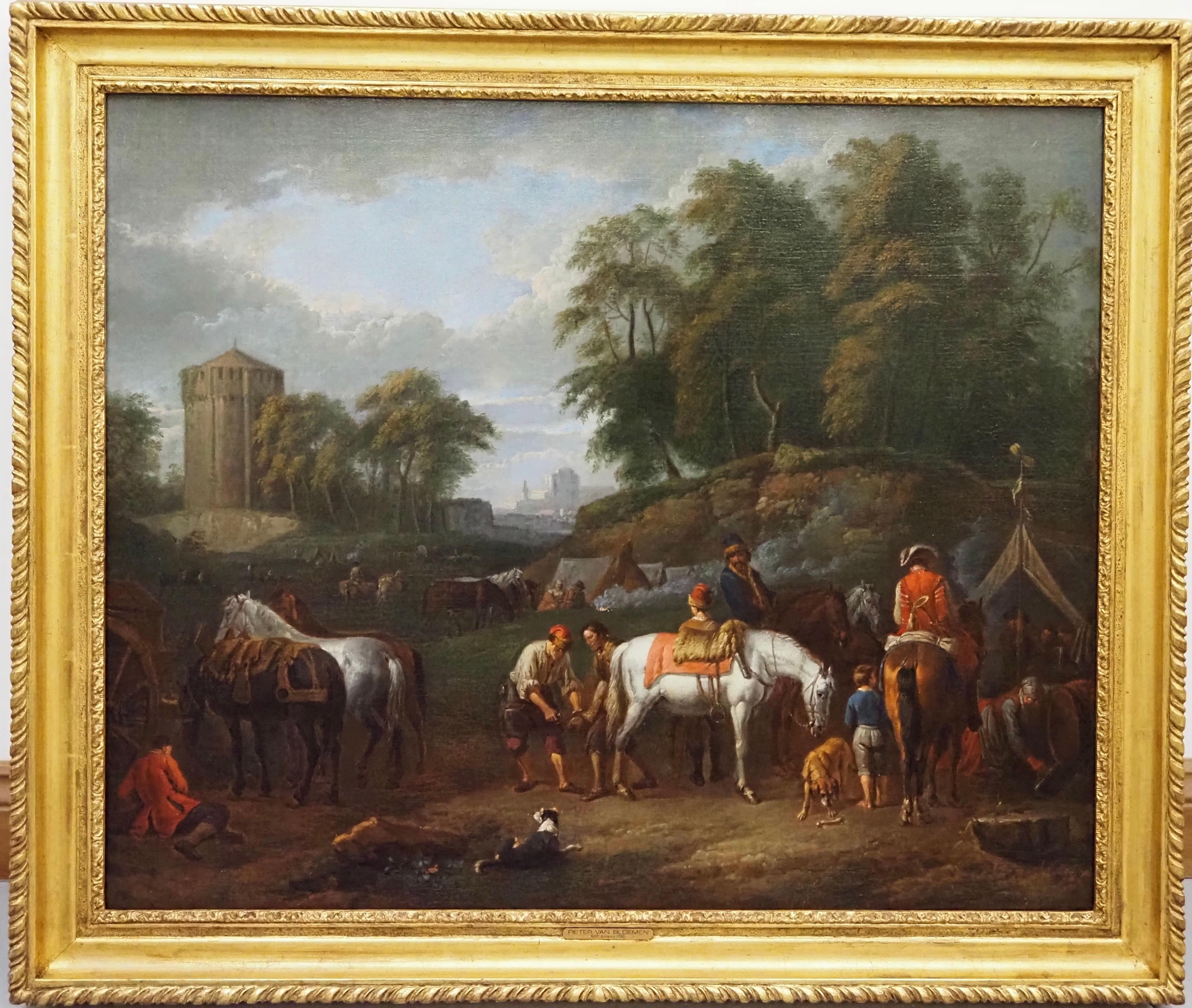 A hunting party at an encampment, with horses and dogs - Painting by Pieter van Bloemen
