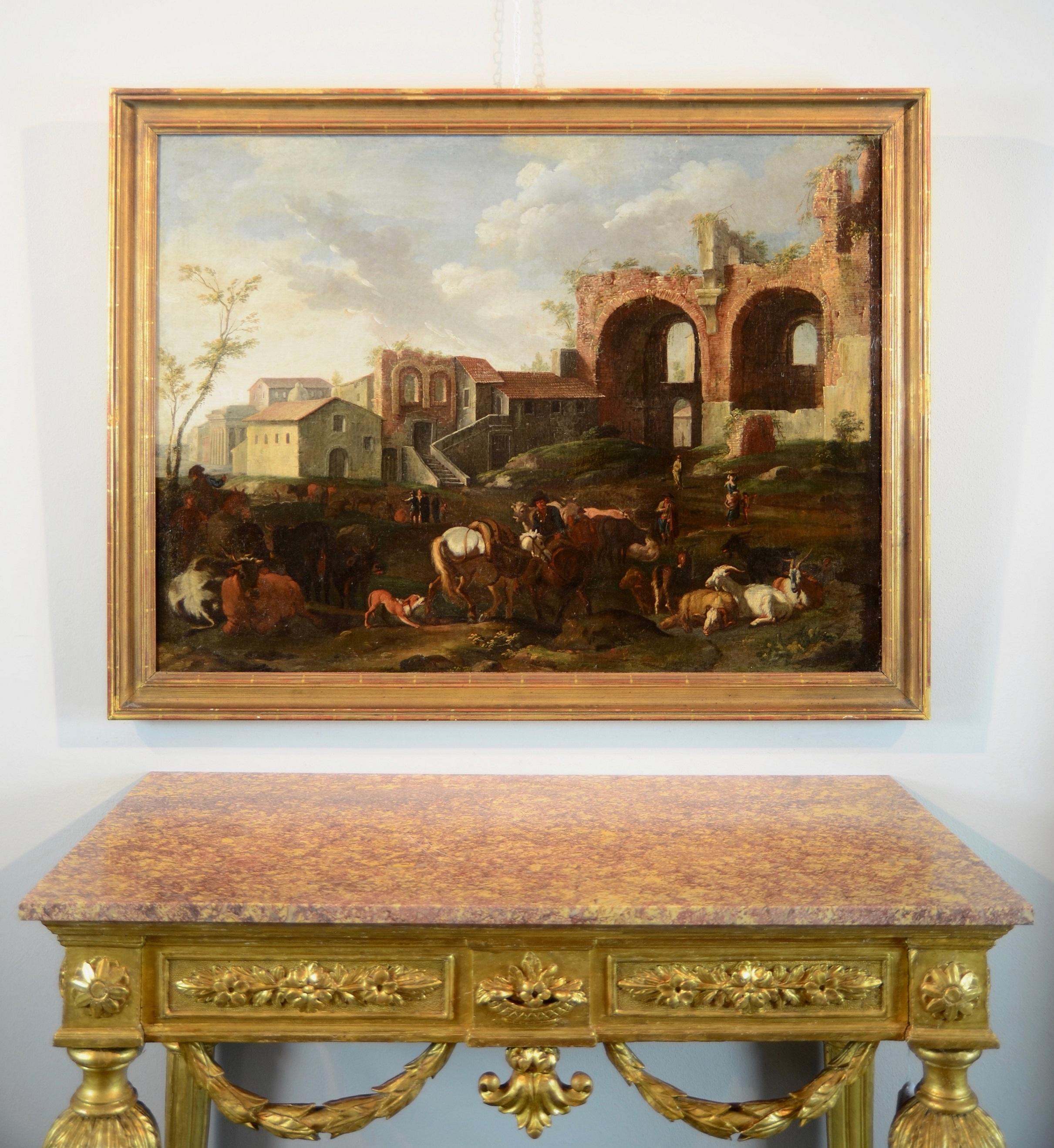 Peinture à l'huile sur toile - Paysage de Rome de Van Bloemen - 17/18e siècle - Grand maître italien - Maîtres anciens Painting par Pieter Van Bloemen (1674-1720)