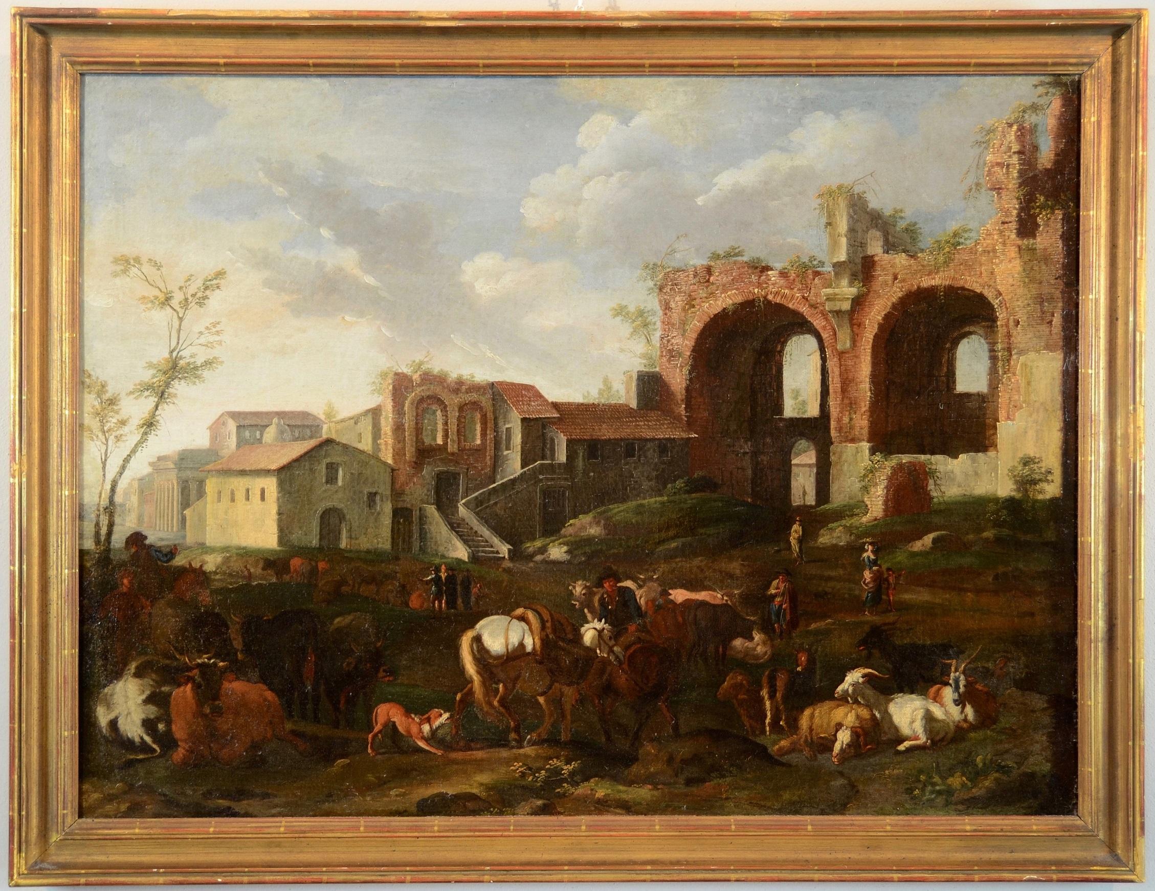 Peinture à l'huile sur toile - Paysage de Rome de Van Bloemen - 17/18e siècle - Grand maître italien - Painting de Pieter Van Bloemen (1674-1720)