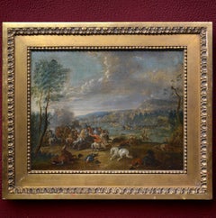 Early 18th Century Antique Flemish Oil Painting Cavalry Battle Scene Framed
