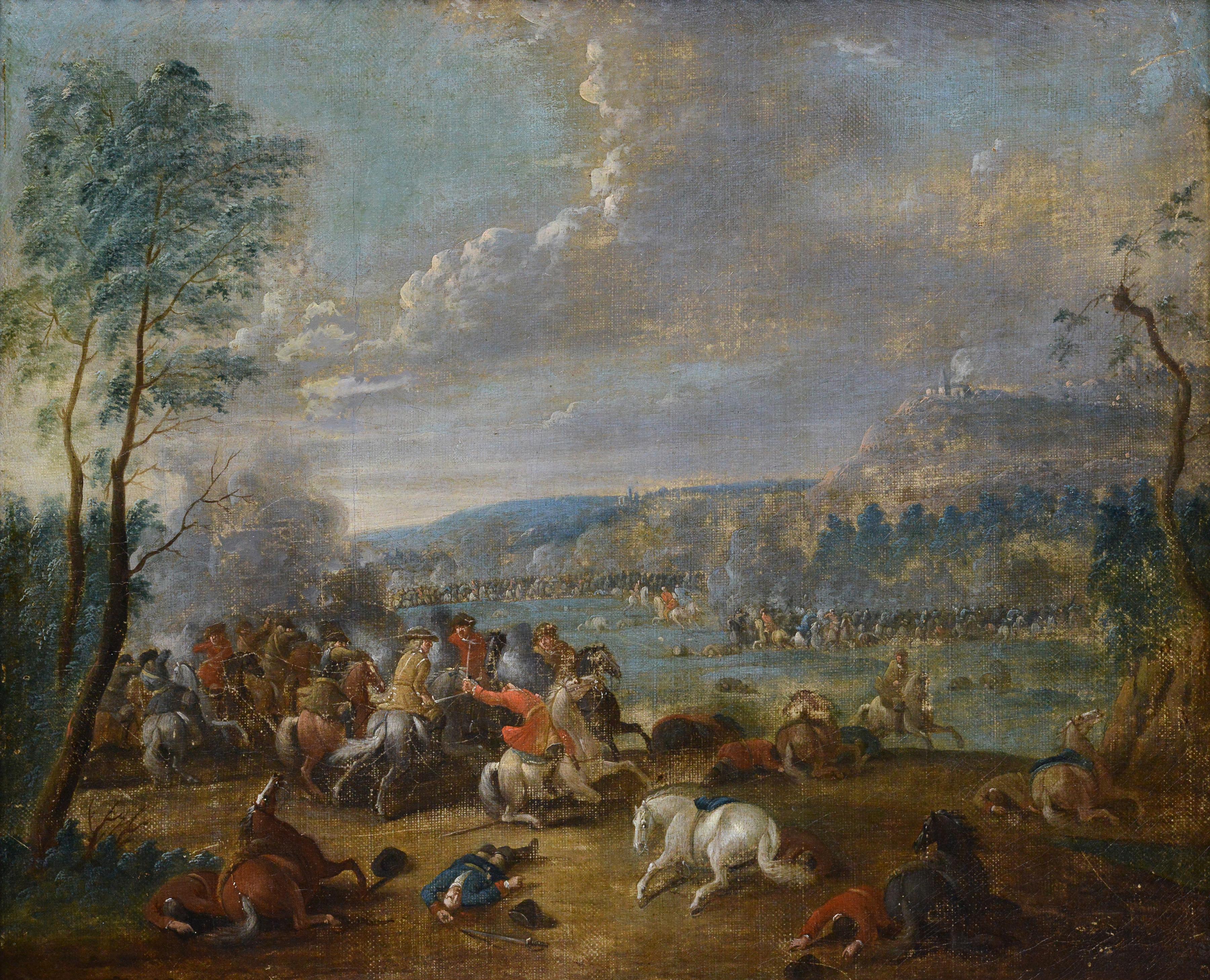 Peinture à l'huile flamande ancienne du début du 18e siècle Scène de bataille de cavalerie encadrée - École flamande Painting par Pieter Van Bredael