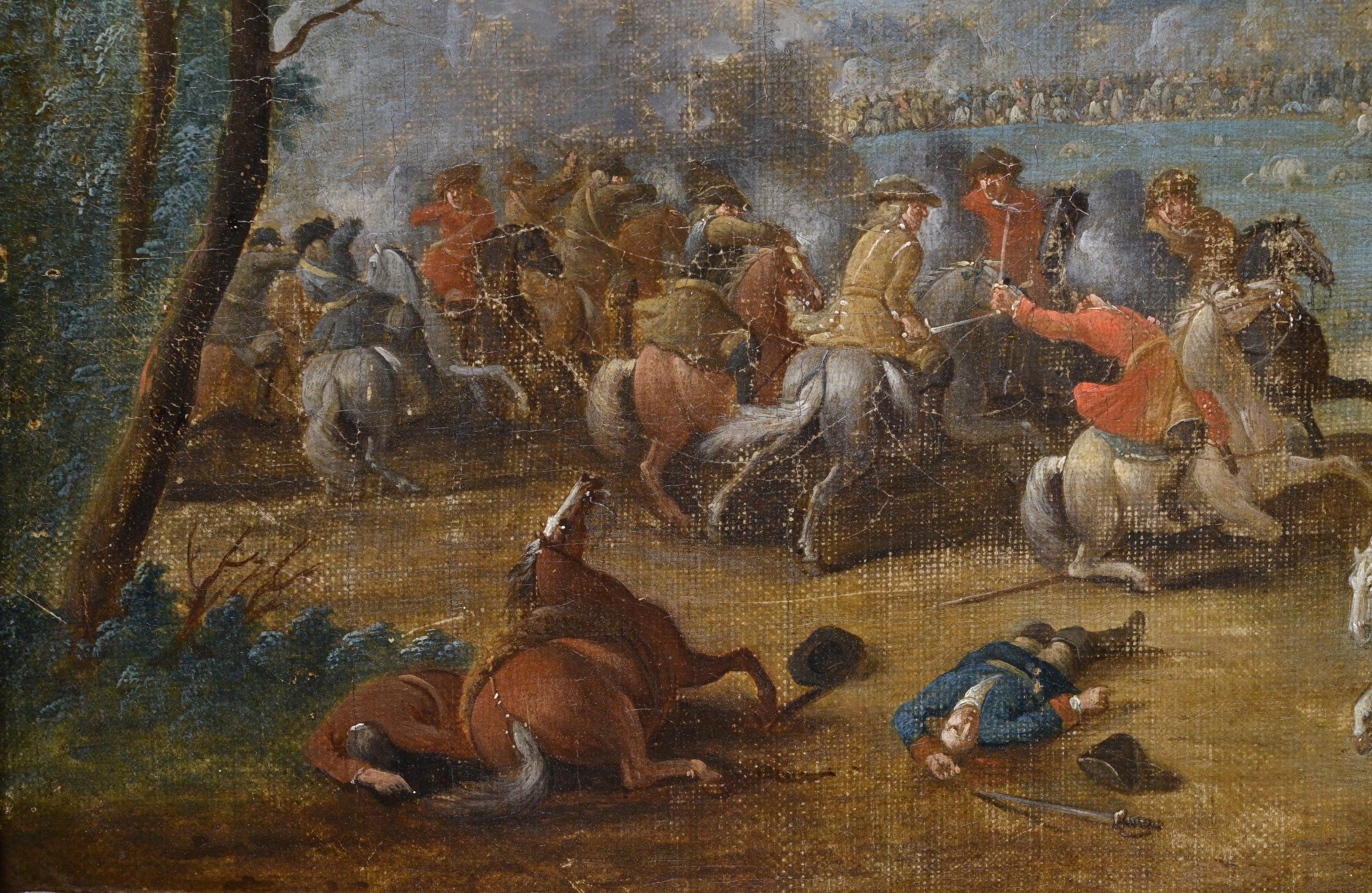 Peinture à l'huile flamande ancienne du début du 18e siècle Scène de bataille de cavalerie encadrée - Marron Landscape Painting par Pieter Van Bredael