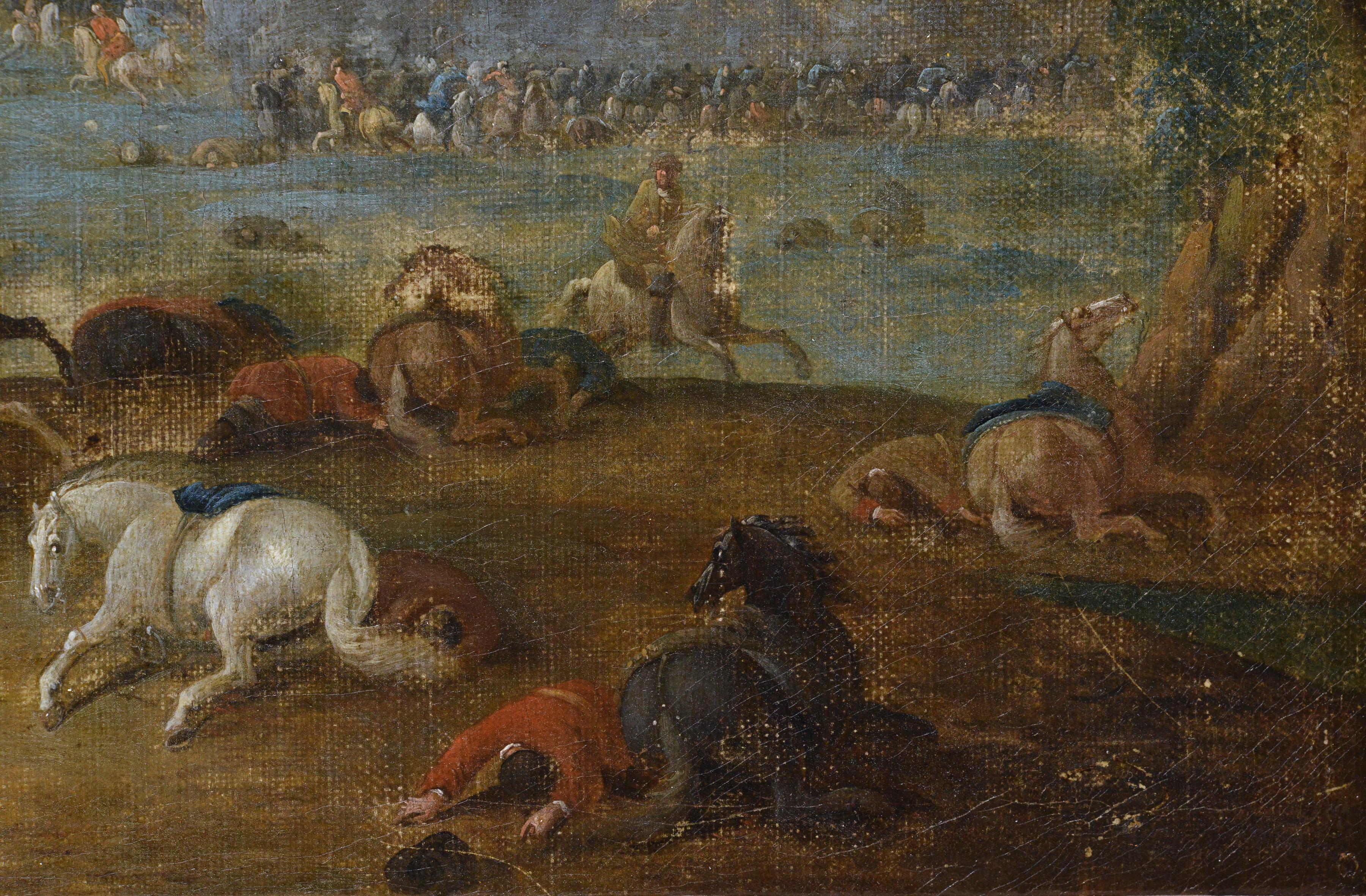 Cette impressionnante huile de maître ancienne, réalisée au début du XVIIIe siècle, est attribuée à Jan Pieter van Bredael le Jeune, un artiste flamand renommé qui vivait au tournant des XVIIe et XVIIIe siècles. La composition saisit avec une