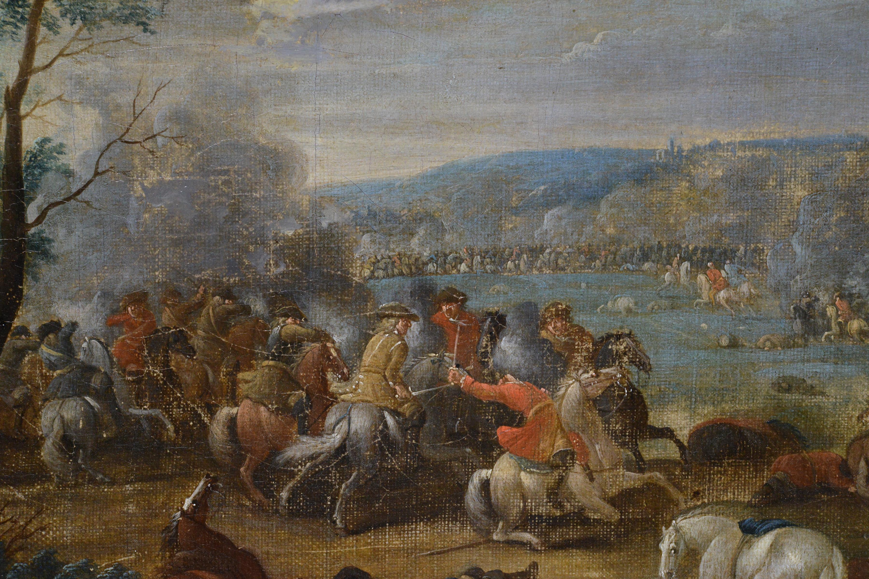 Peinture à l'huile flamande ancienne du début du 18e siècle Scène de bataille de cavalerie encadrée en vente 1