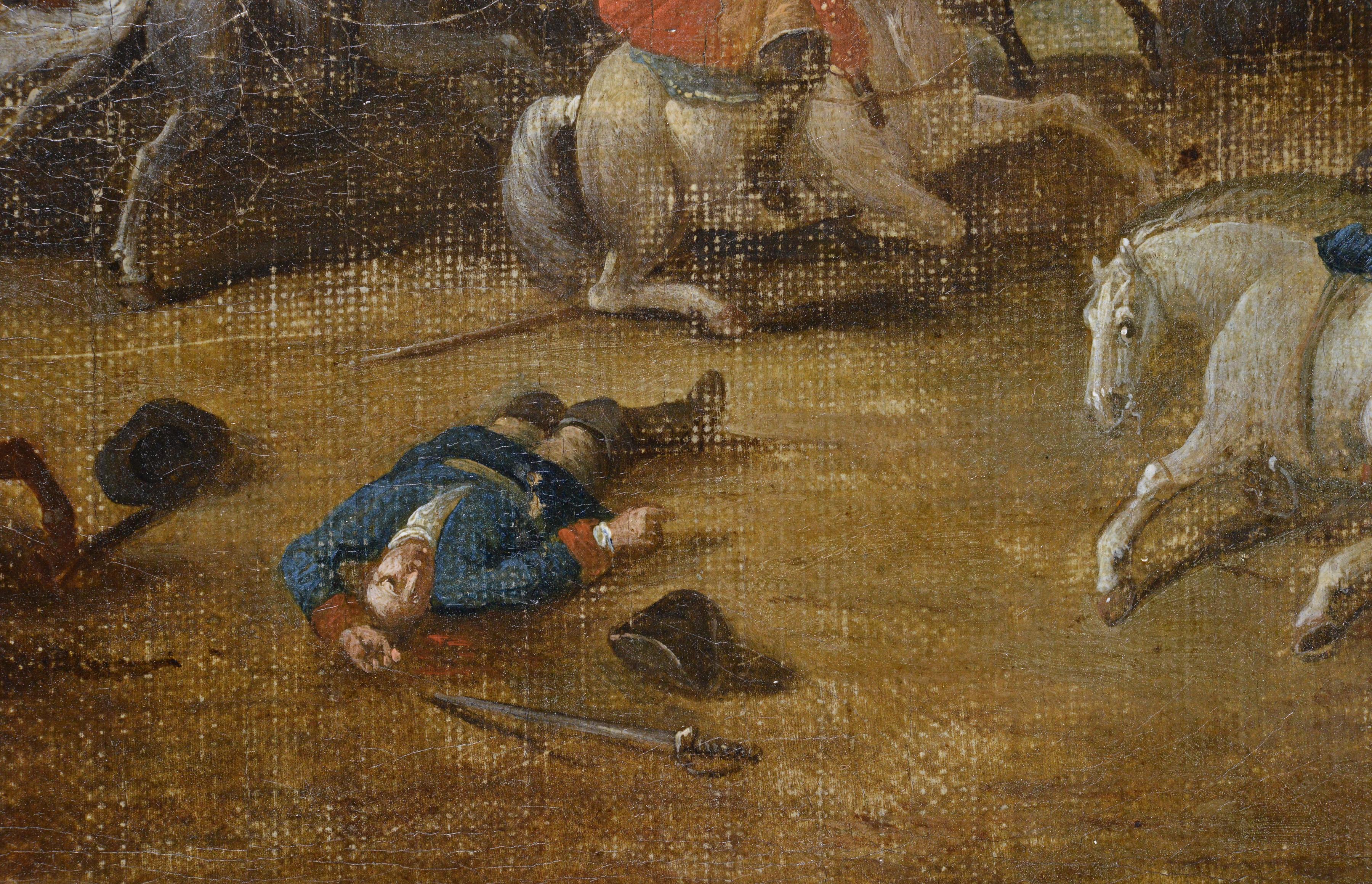 Peinture à l'huile flamande ancienne du début du 18e siècle Scène de bataille de cavalerie encadrée en vente 3