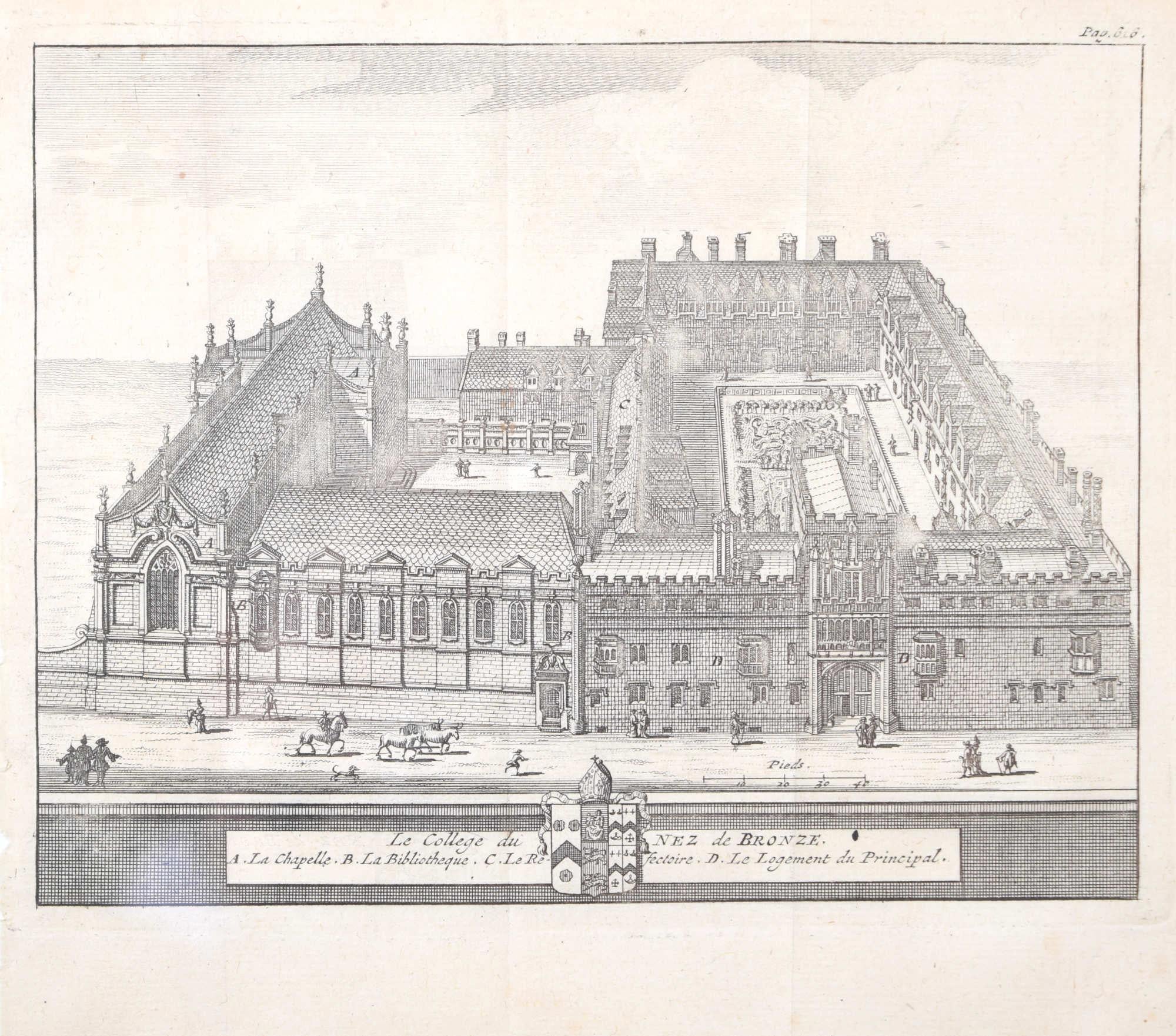 Gravure du Brasenose College, Oxford par Pieter van der Aa d'après David Loggan