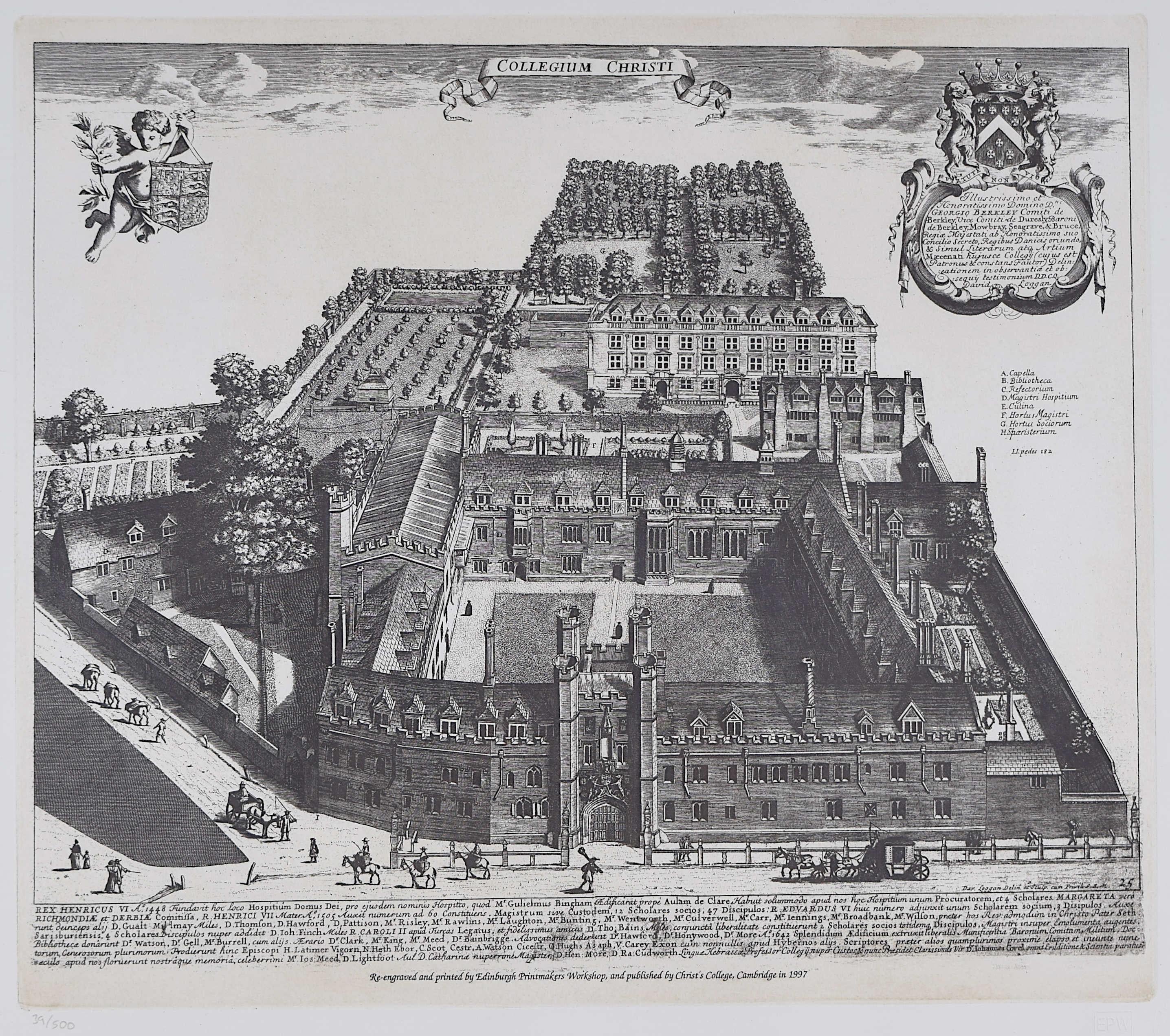 D'après David Loggan (1634 - 1692)
Christ's College, Cambridge
Gravure
40 x 46 cm

Vue du Clare College, Cambridge, datant du XVIIIe siècle, gravée par David Loggan, célèbre graveur, dessinateur et peintre.

Loggan est né de parents anglais et