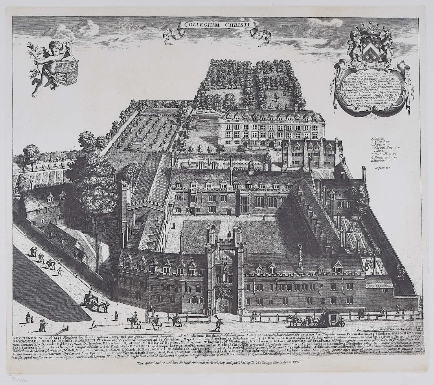 Gravure du Christ's College de Cambridge d'après David Loggan - Print de Pieter Van Der Aa